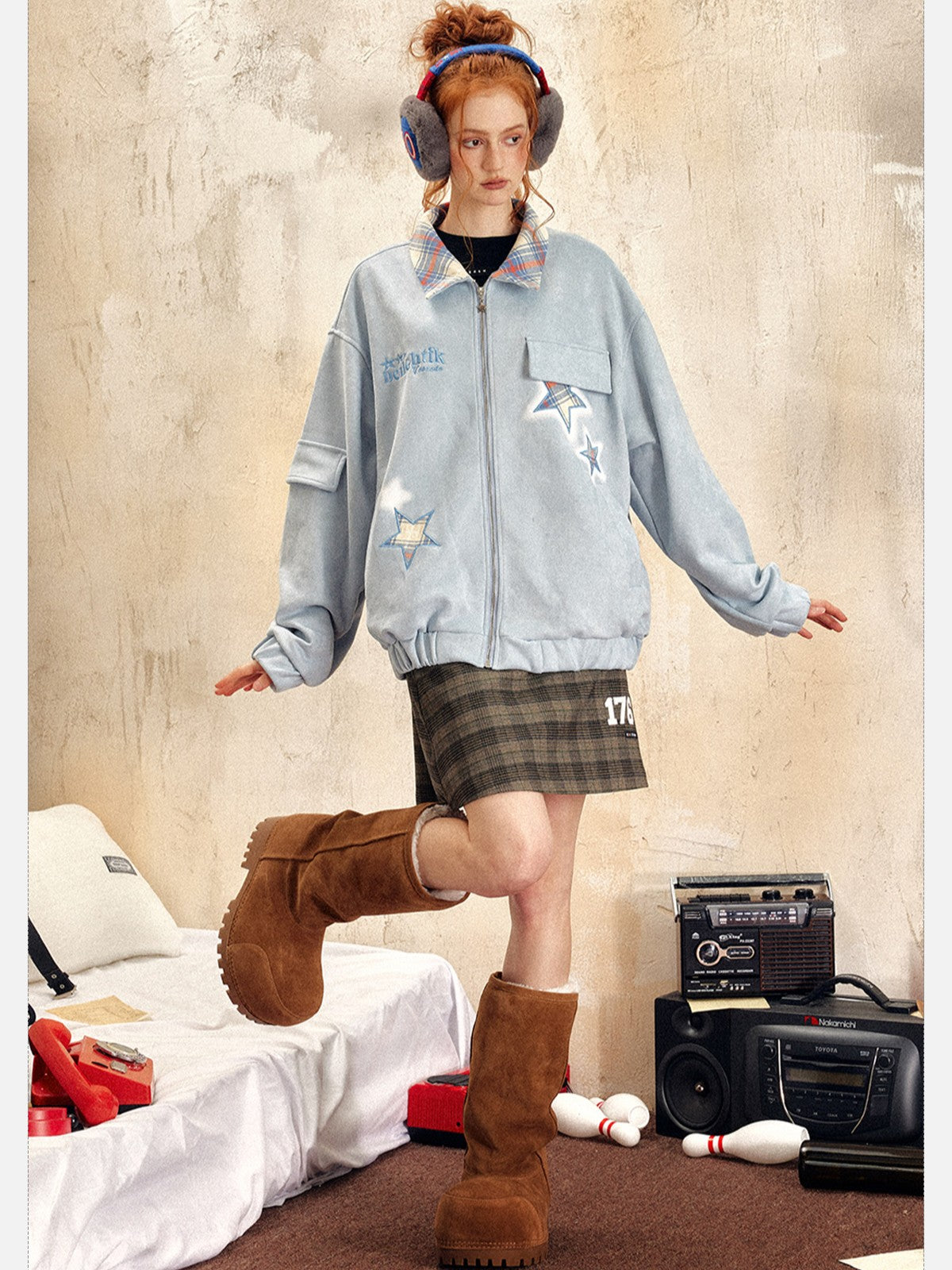 EZEK - Retro Star Embroidery Suede Zip-Up Jacket