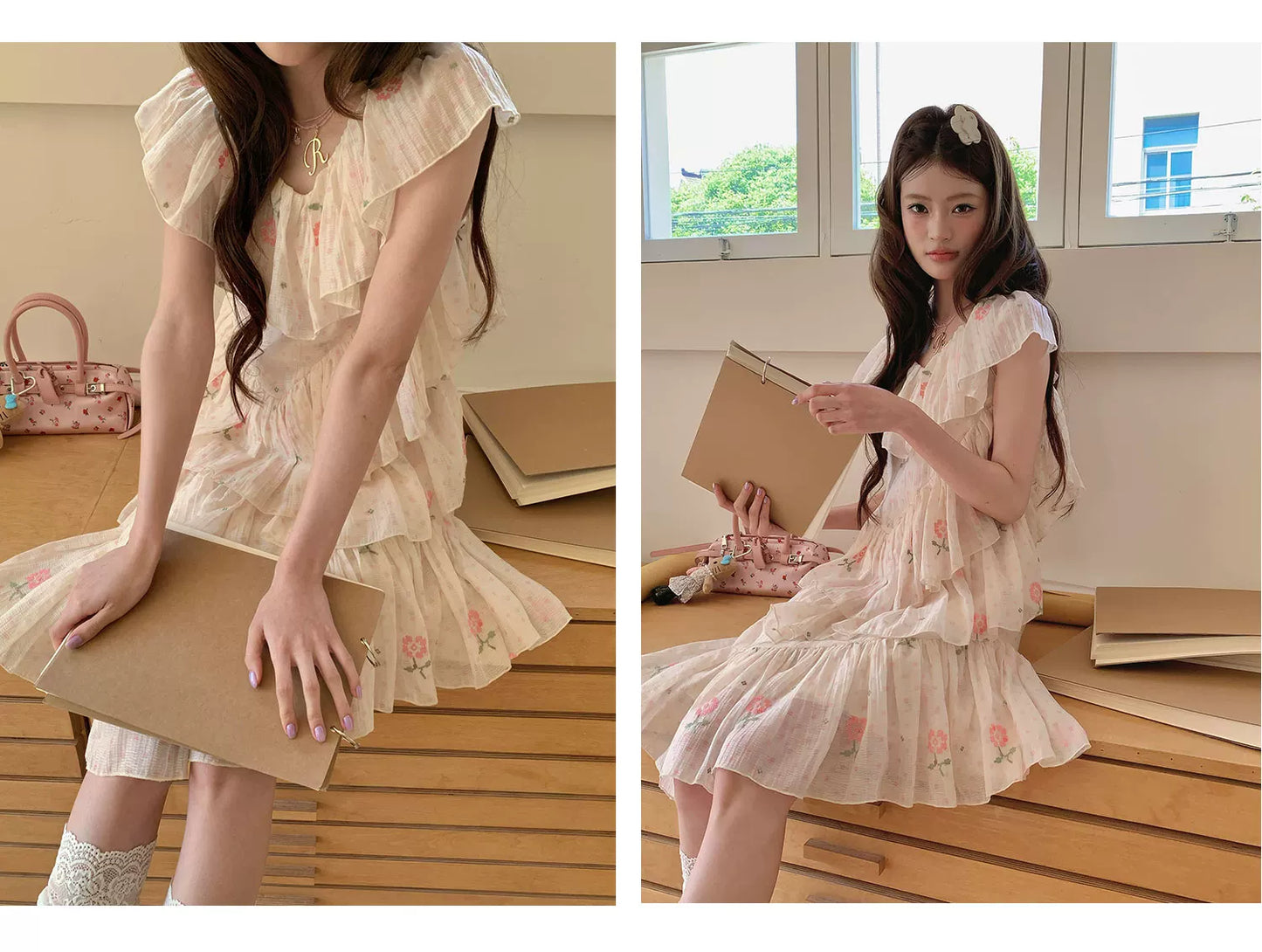 “Cloud Ruffle Reverie” Cream Apricot Floral Ruffle Dress