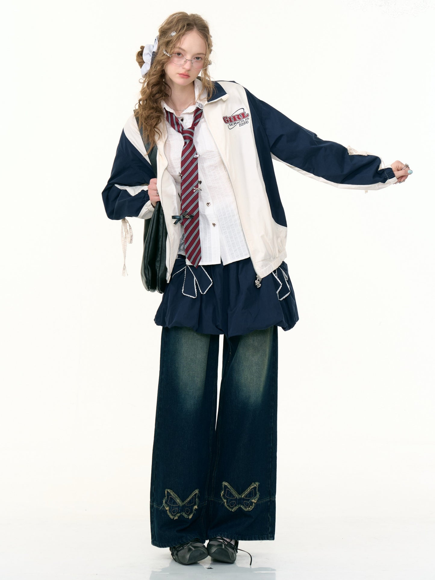 ZiziFei - Retro Zip-Up Jacket with Lace & Drawstring Details