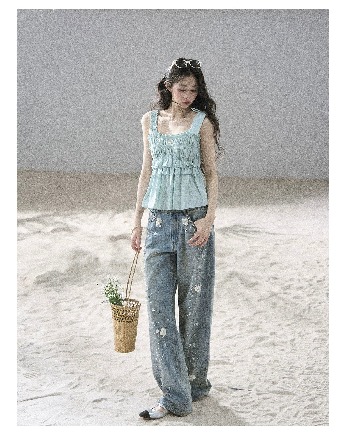 "Gentle Whisper" Glacier Blue Ruffle Peplum Cotton Top