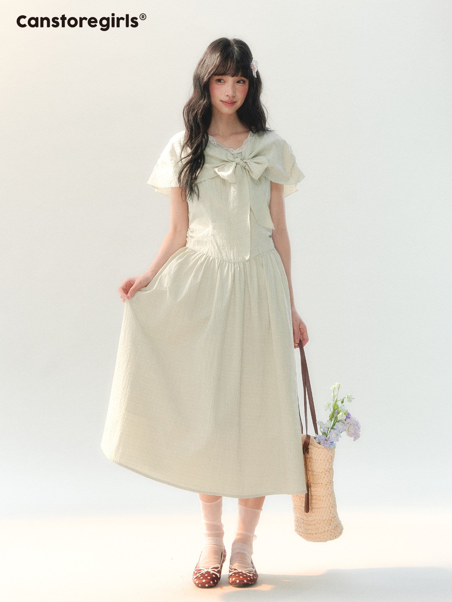 170726C "Willow Ribbon" Sage Green Cape Tie-Waist Midi Dress