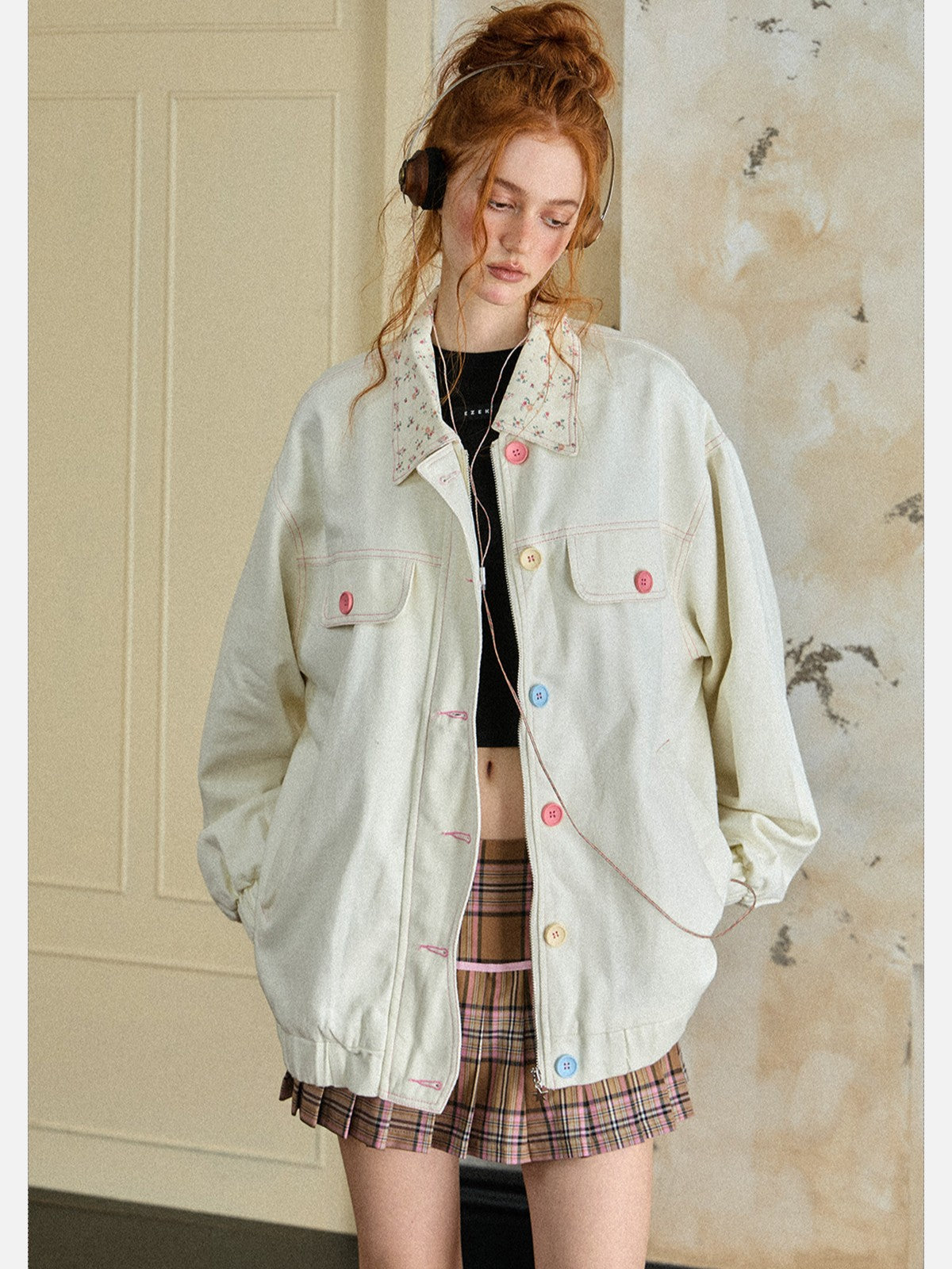 EZEK - Retro Floral Collar Oversized Denim Jacket