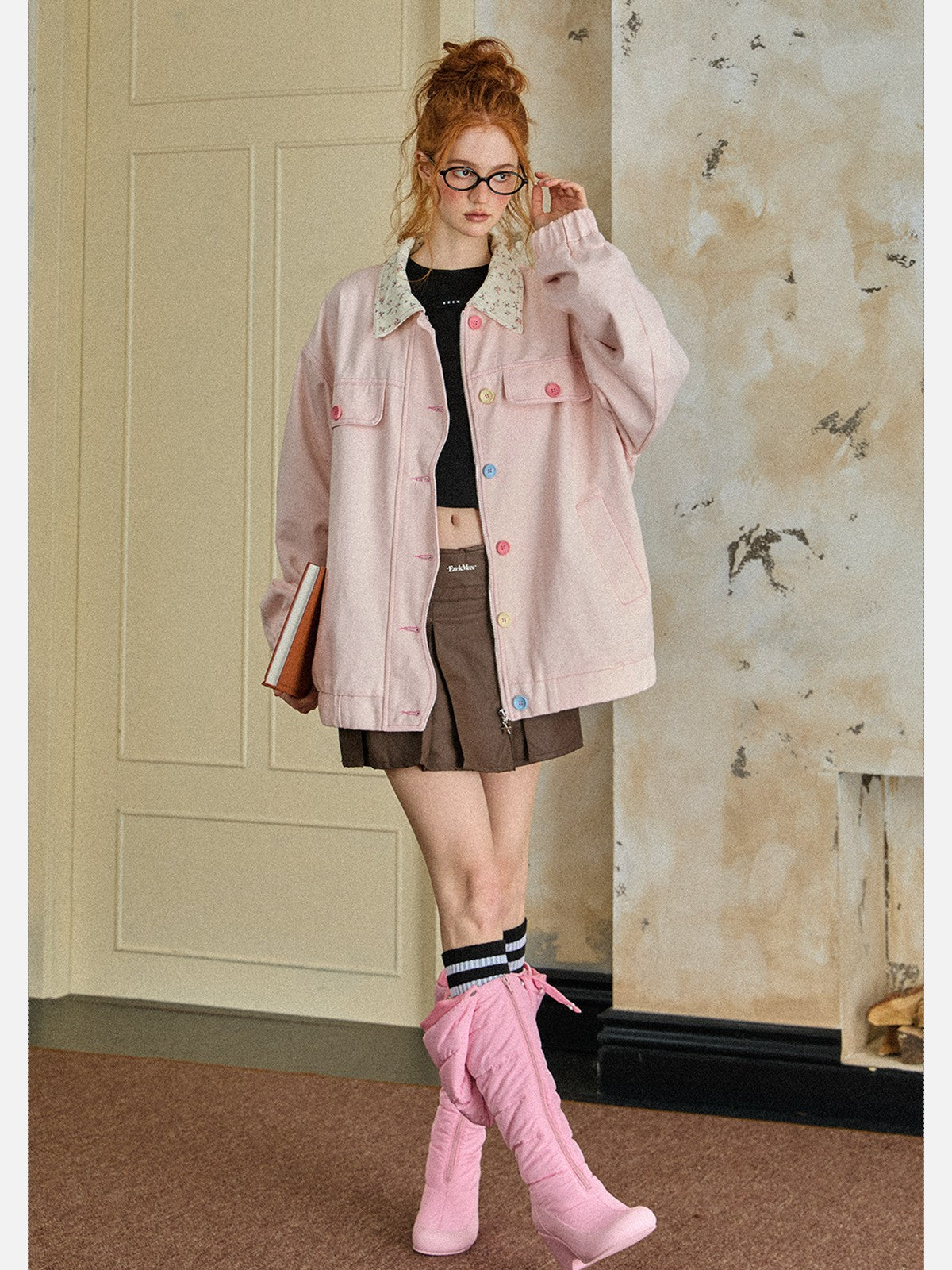 EZEK - Retro Floral Collar Oversized Denim Jacket