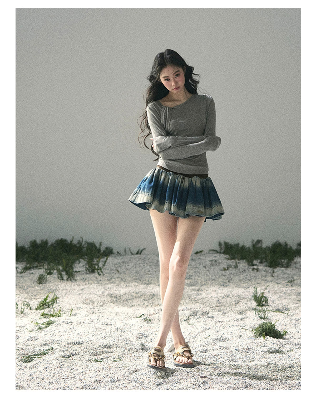 “Skin Mood” Cloud Mist Gray Ruched Asymmetrical Top