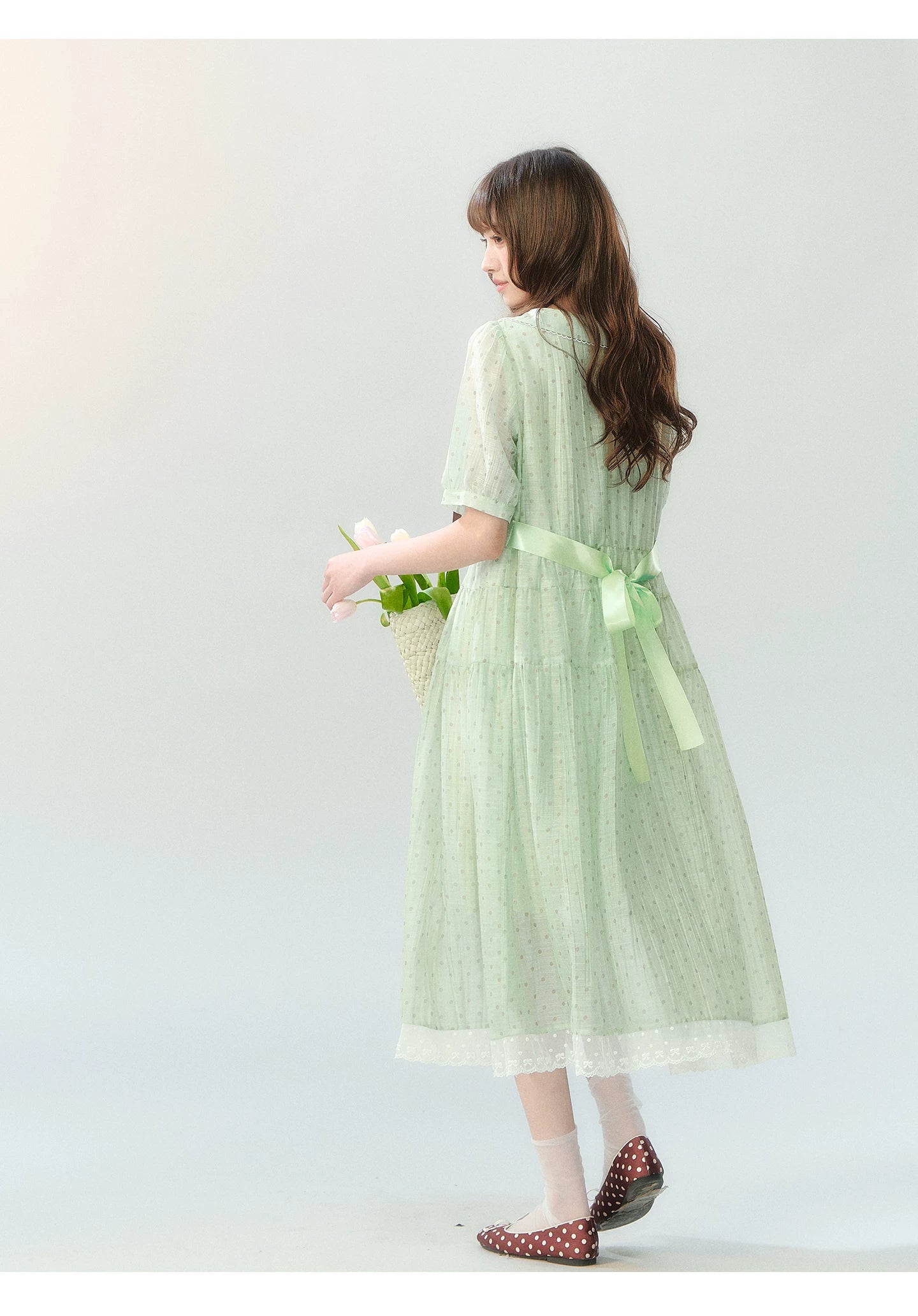 "Hyacinth Ballad" Sage Green Polka Dot Tiered Dress LL2026210