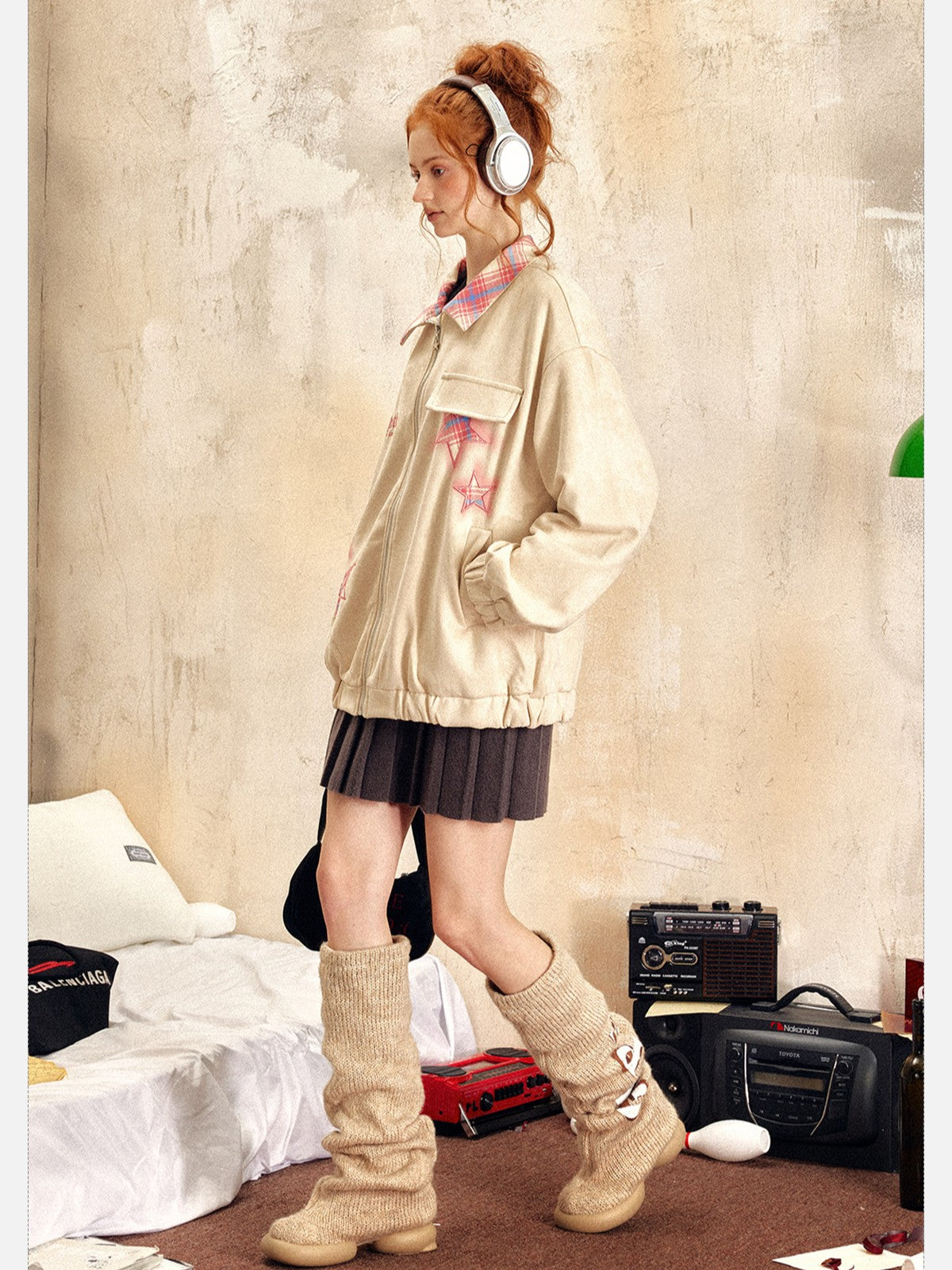 EZEK - Retro Star Embroidery Suede Zip-Up Jacket