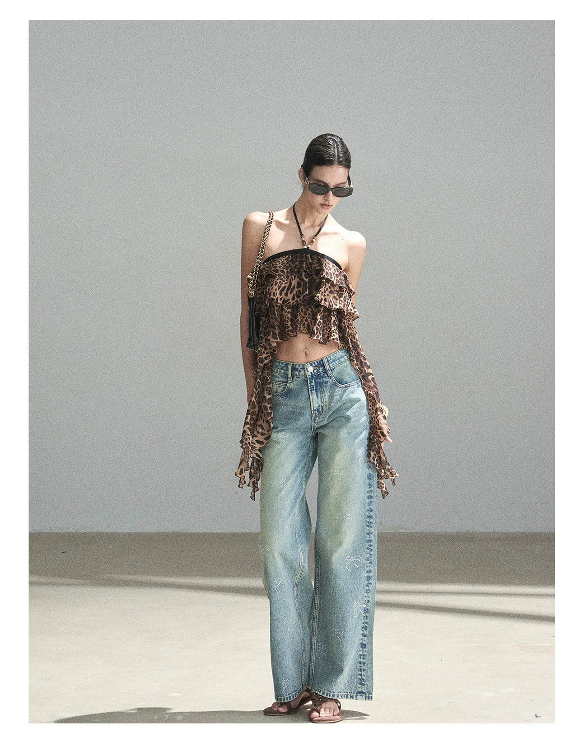 "Chasing the Sunset" Chestnut Brown Leopard Halter Ruffle Crop Top