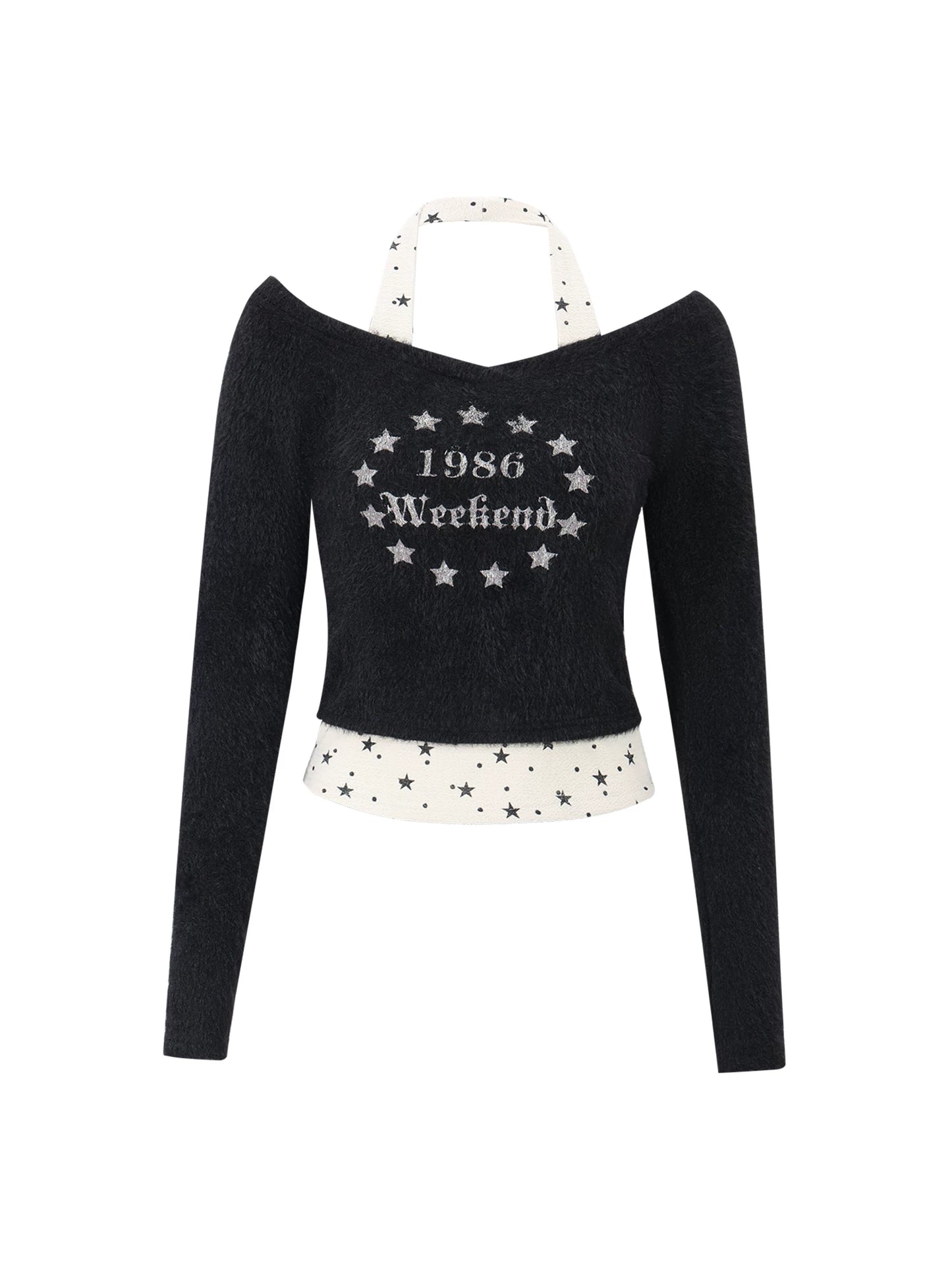 "Midnight Nova" Black Halter Layered Off-Shoulder Long Sleeve Top