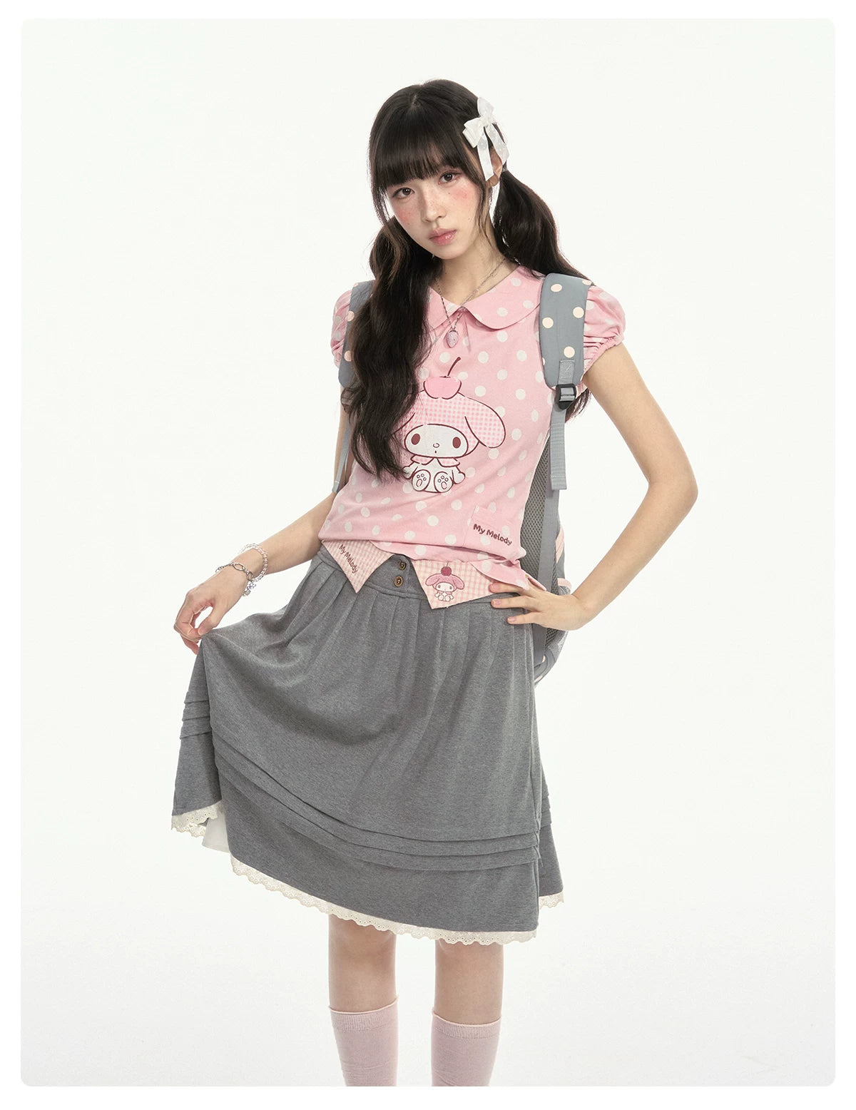 "Sweet Melody" Pink Casual Collection (Polka Dot Puff Sleeve Tee / Pleated Skirt / Bubble Skirt)