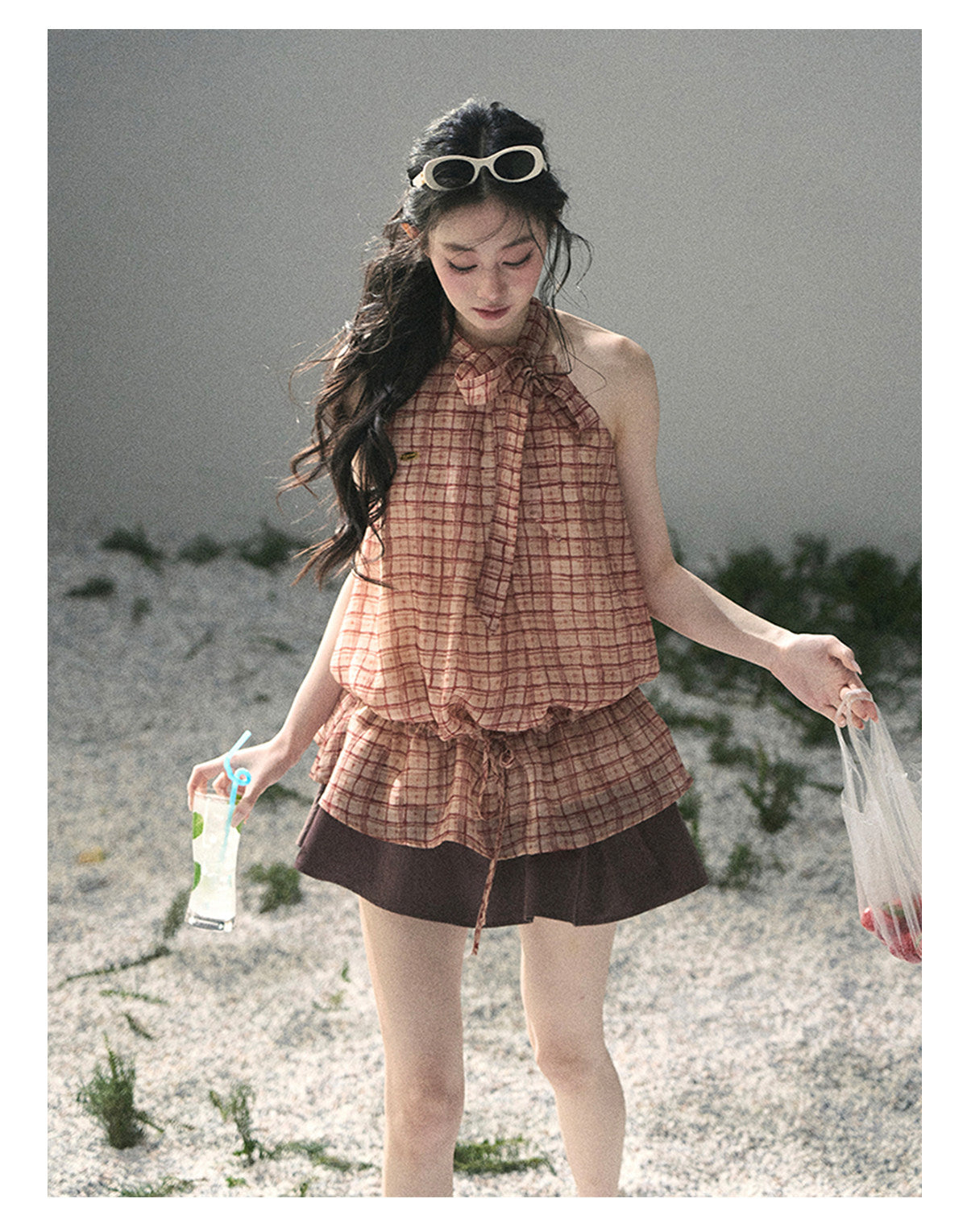 “Maple Whisper” Rust Red Halter Plaid Slim Tee