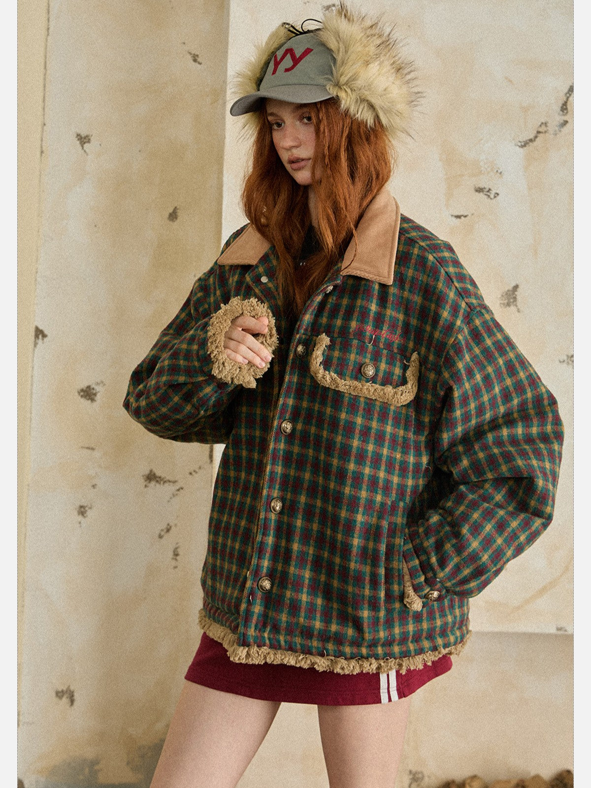 EZEK - Vintage Plaid Varsity Jacket with Contrast Collar