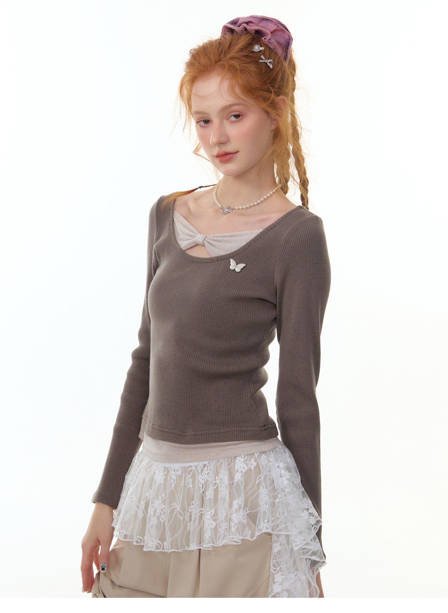 ZiziFei - Double Layered Bow-Knot Contrast Knit Top