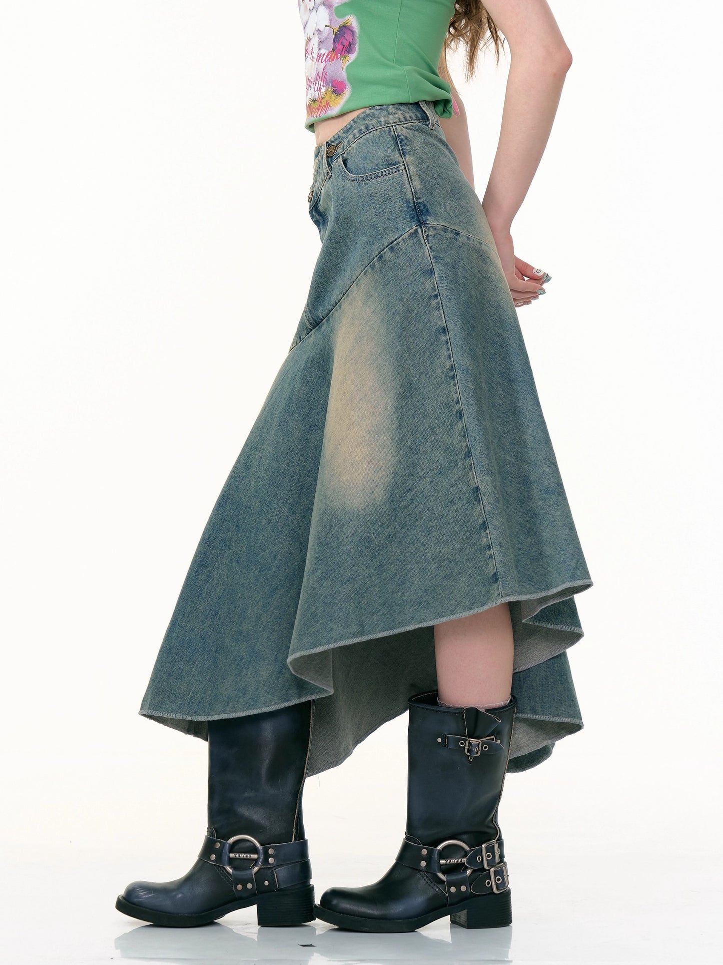 ZiziFei - Asymmetrical High-Waist Denim Skirt