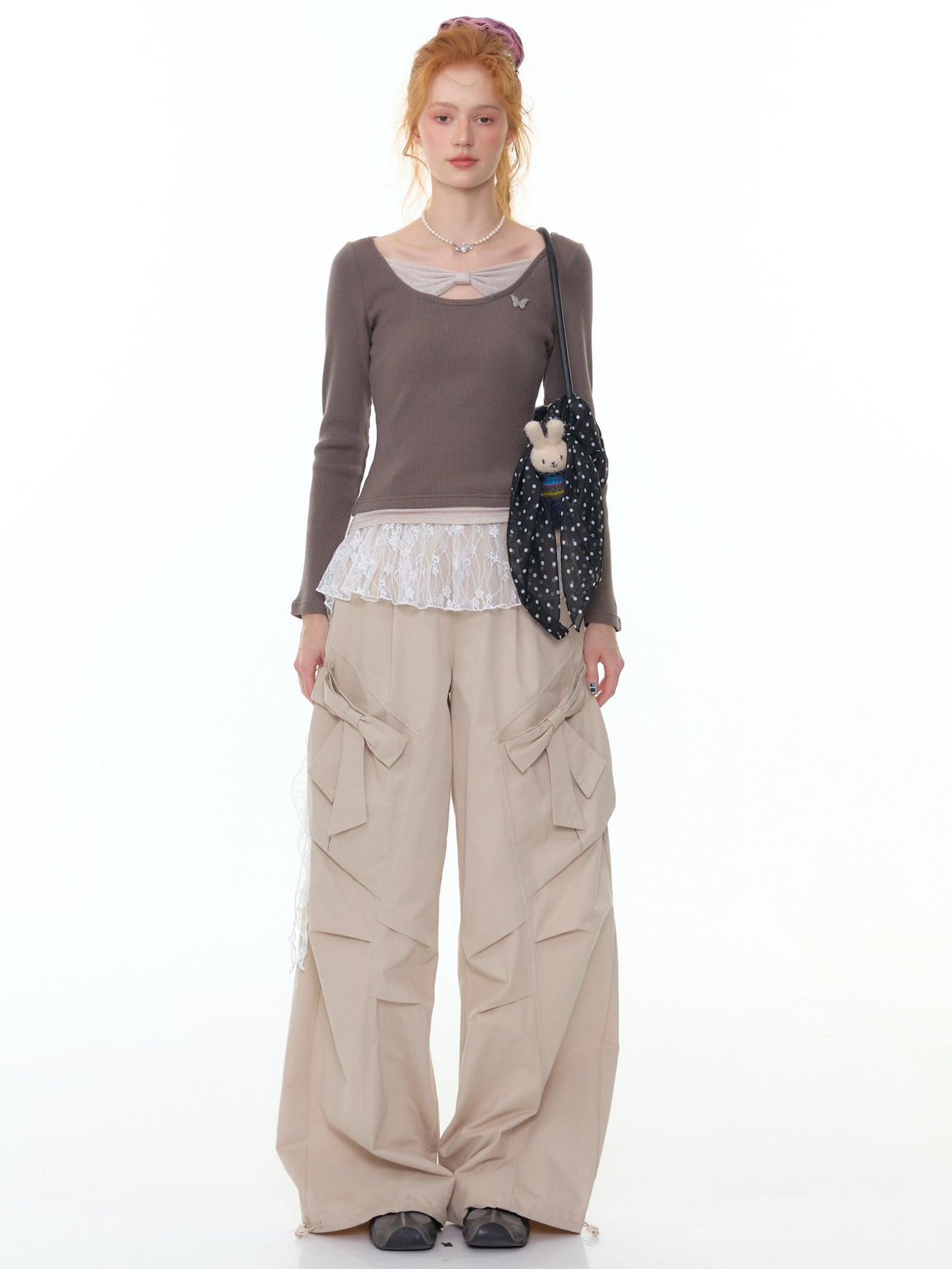 ZiziFei - Double Layered Bow-Knot Contrast Knit Top