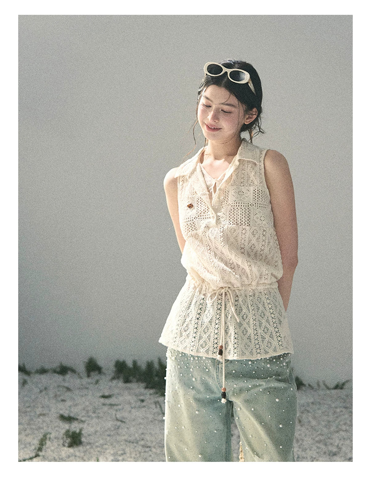 “Summer Breeze Kissing the Hem” Ivory Lace Layered Sleeveless Top