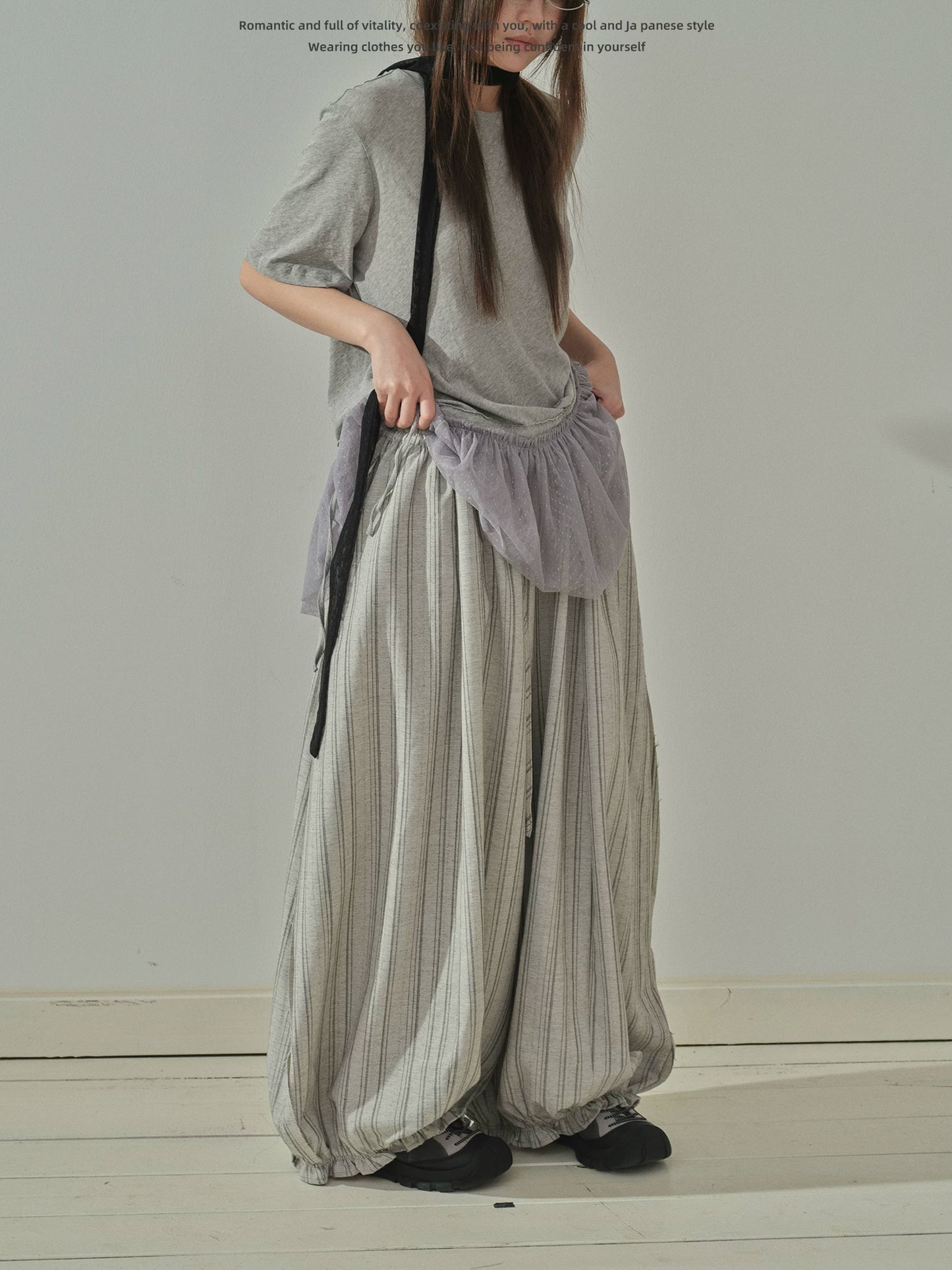 "Vintage Drift" Gray Striped Balloon Wide Leg Trousers