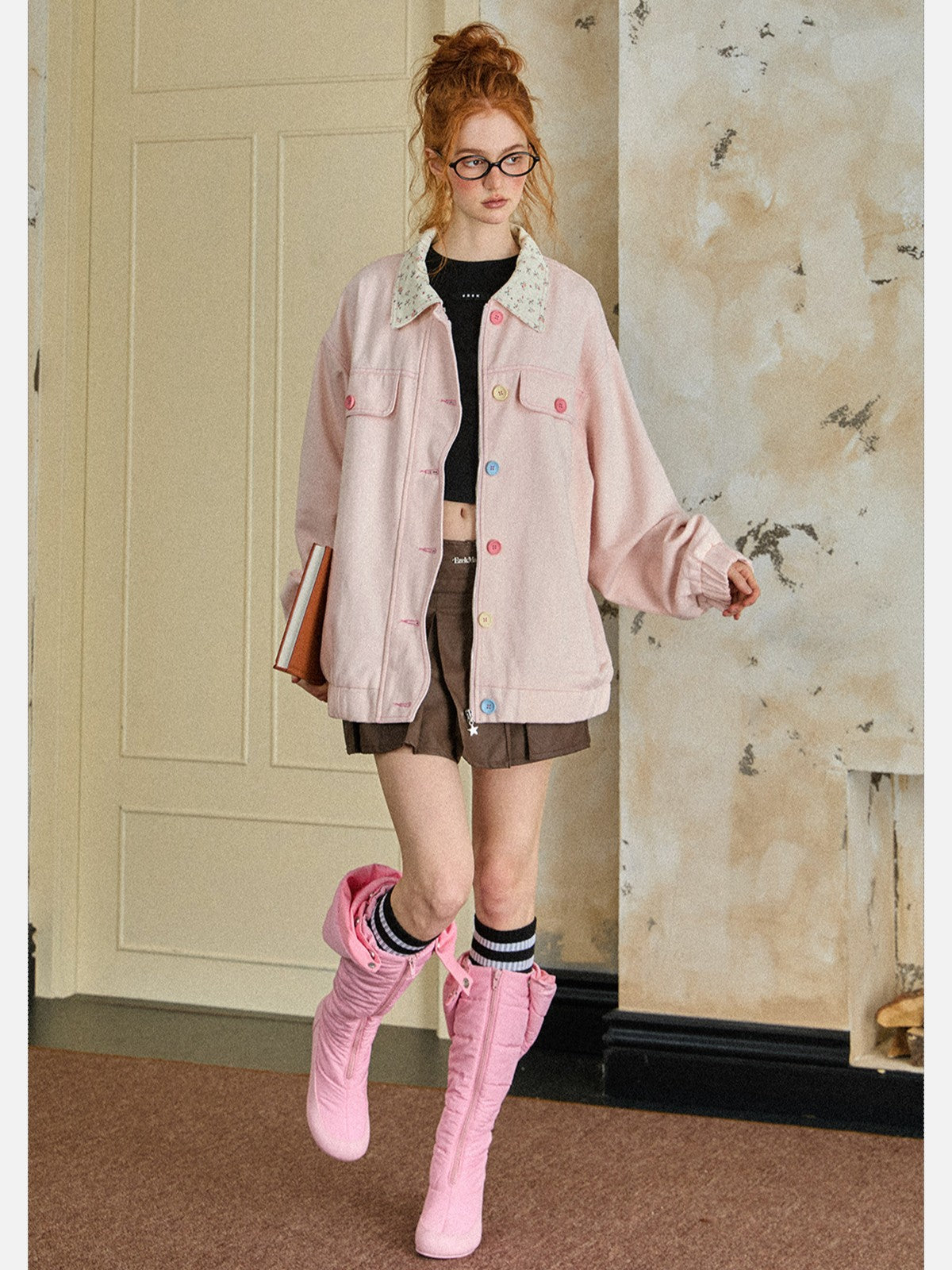 EZEK - Retro Floral Collar Oversized Denim Jacket