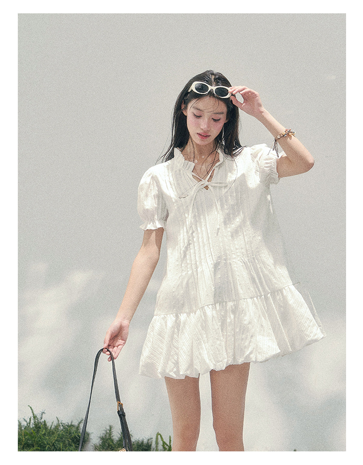 “Soft Pleats in Motion” Camellia White Bubble Mini Dress