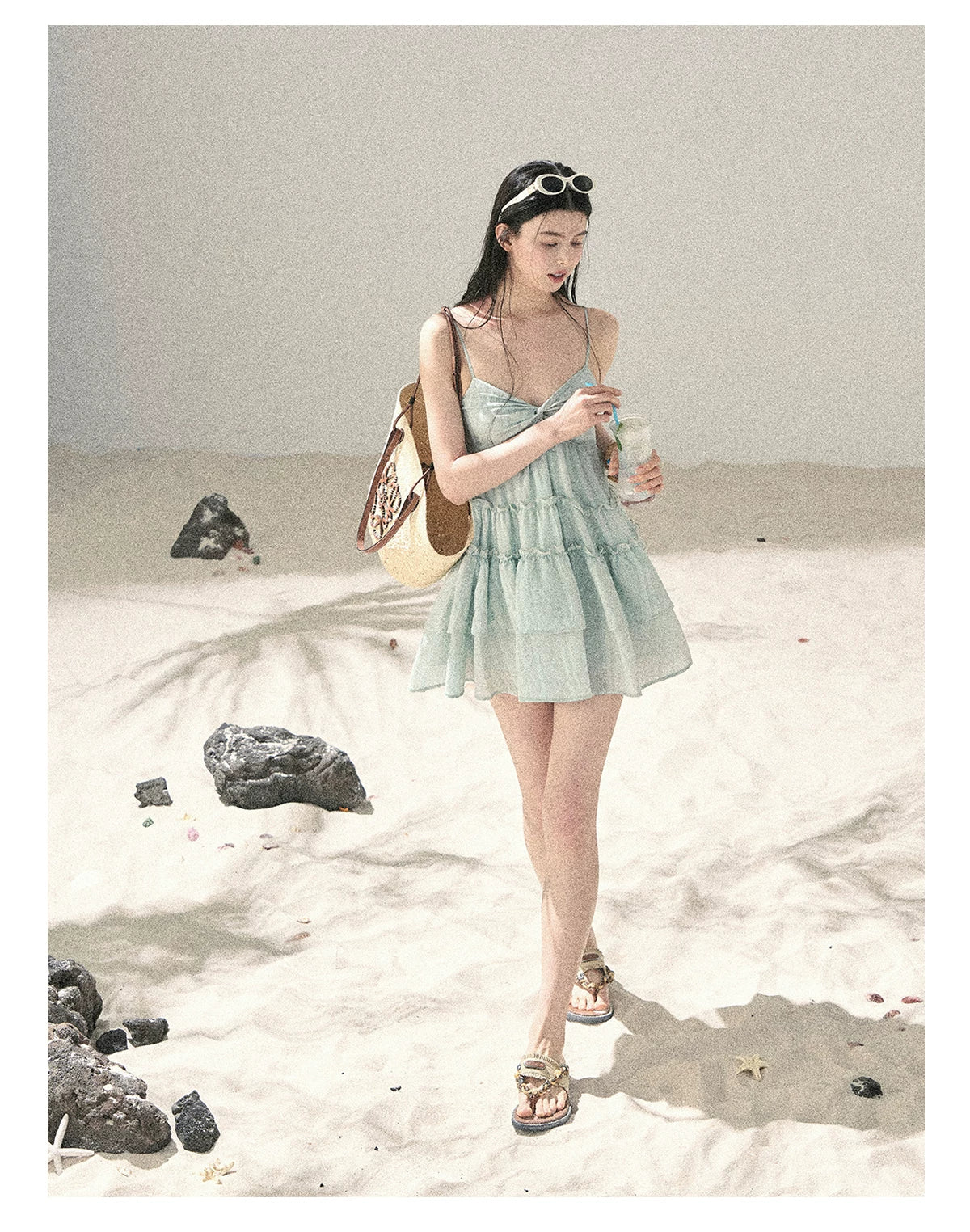 "Mossy Stone Steps" Primrose Green Tiered Cami Mini Dress