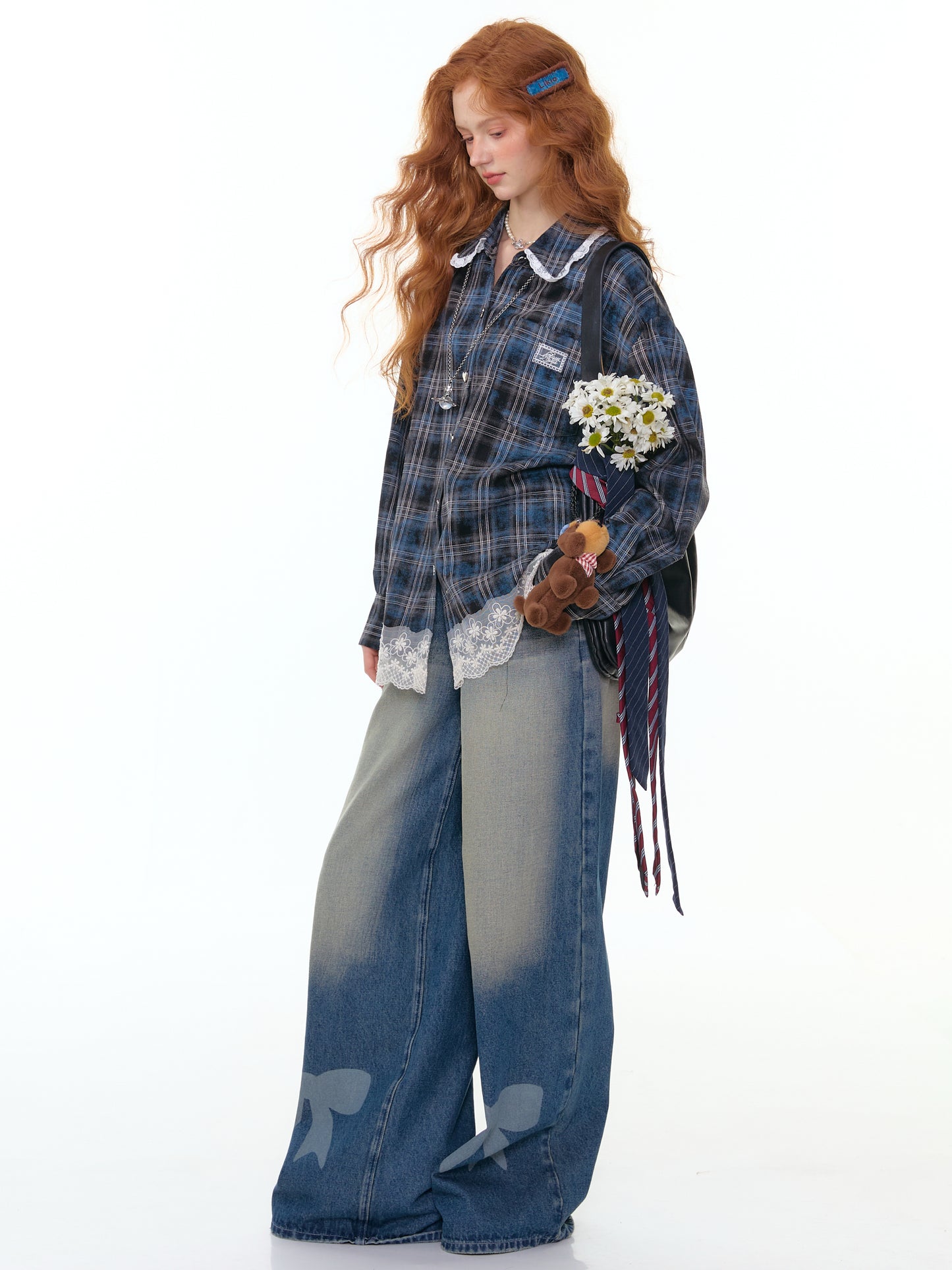 ZiziFei - Vintage-Inspired Plaid Shirt with Ruffle Lace Trim