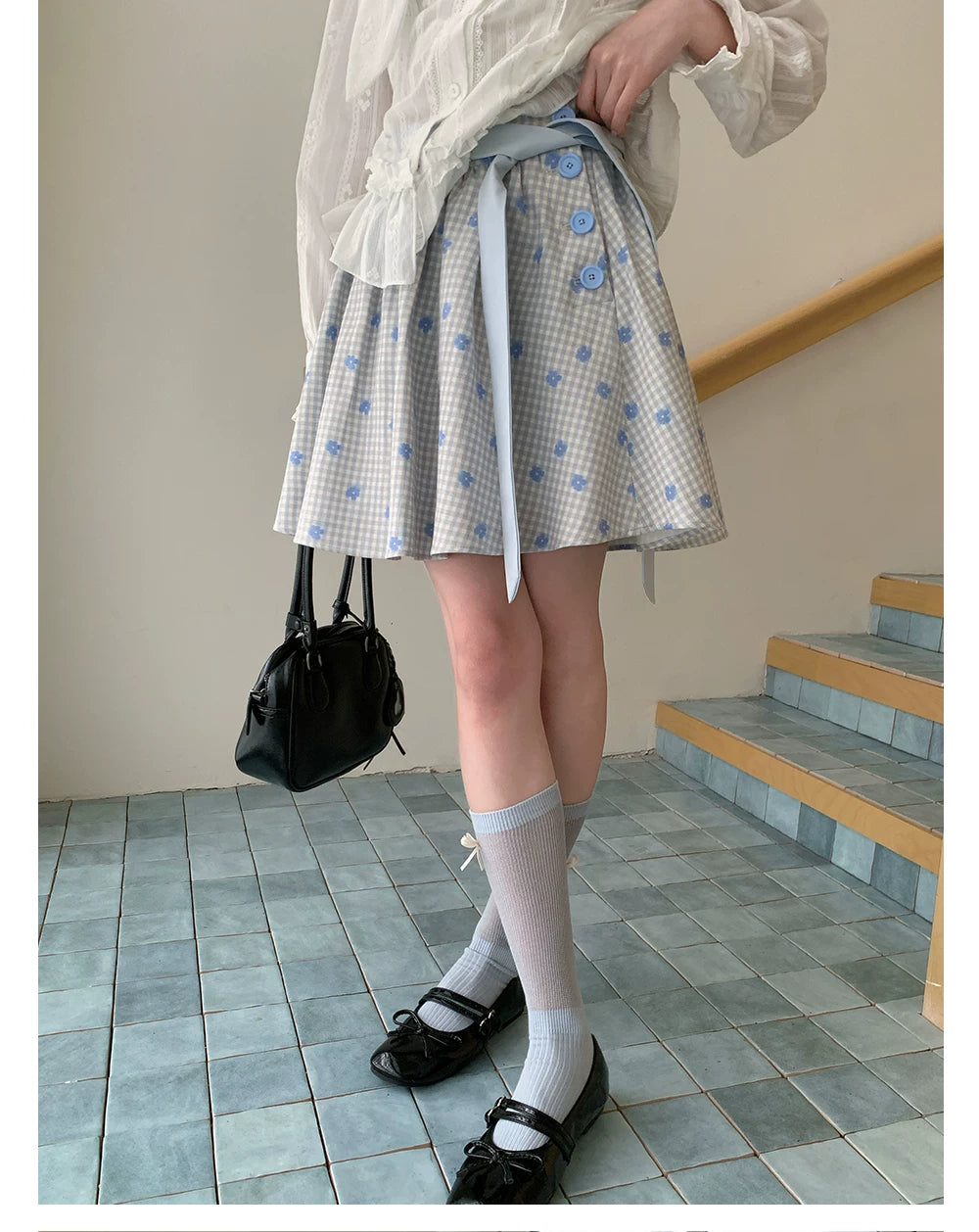 “Bluebell Letter” Light Blue Plaid Blazer Top & Ribbon Skirt