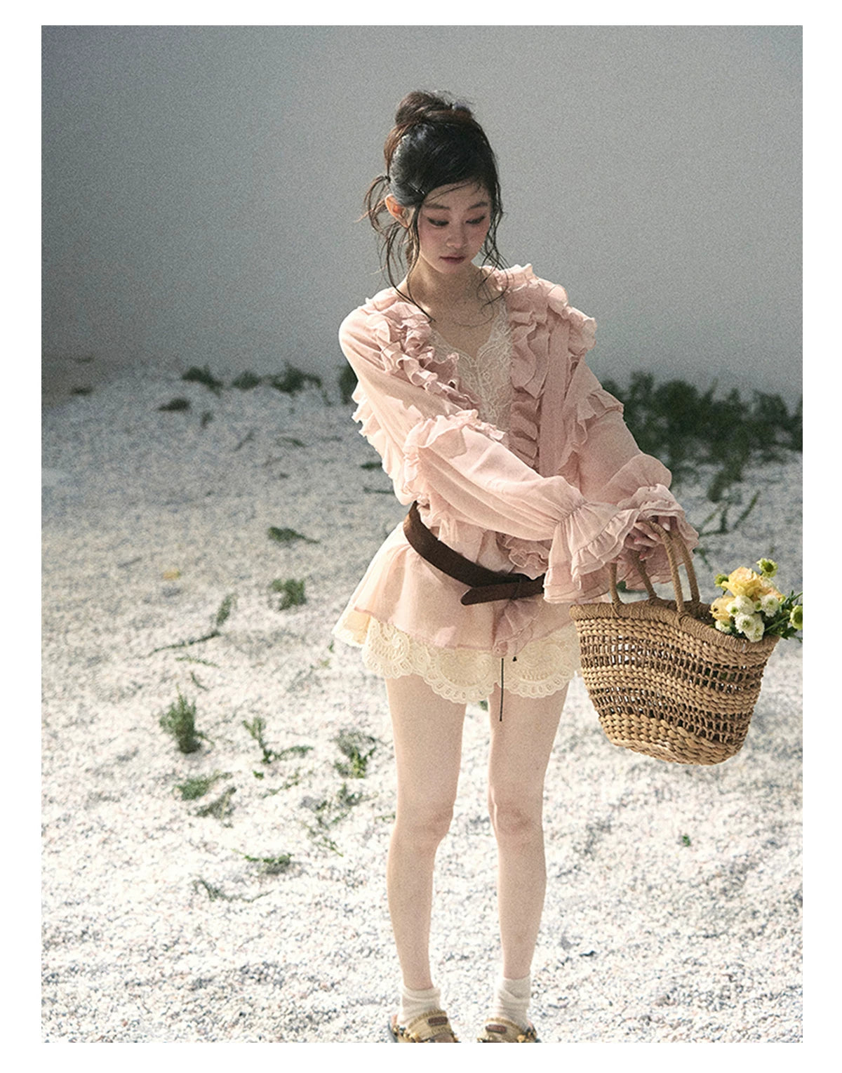 “Whispers of the Wind” Blush Pink Lace Chiffon Blouse (With Belt)