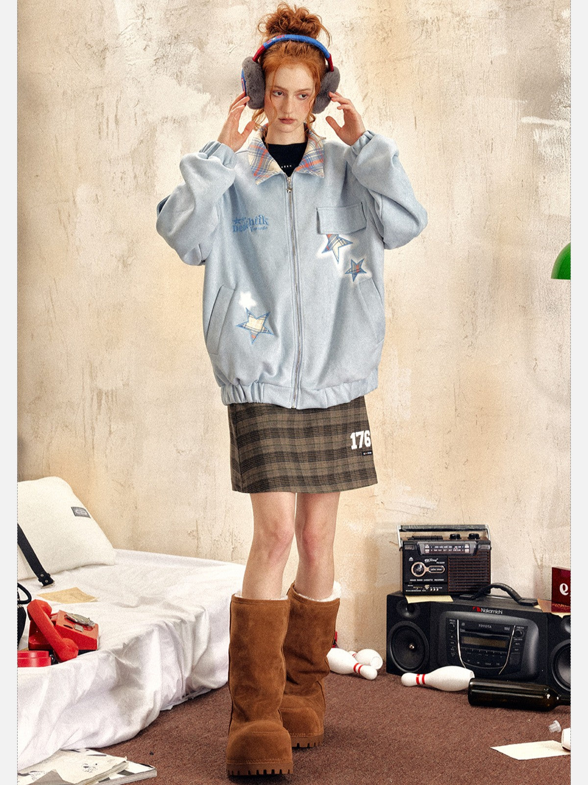 EZEK - Retro Star Embroidery Suede Zip-Up Jacket