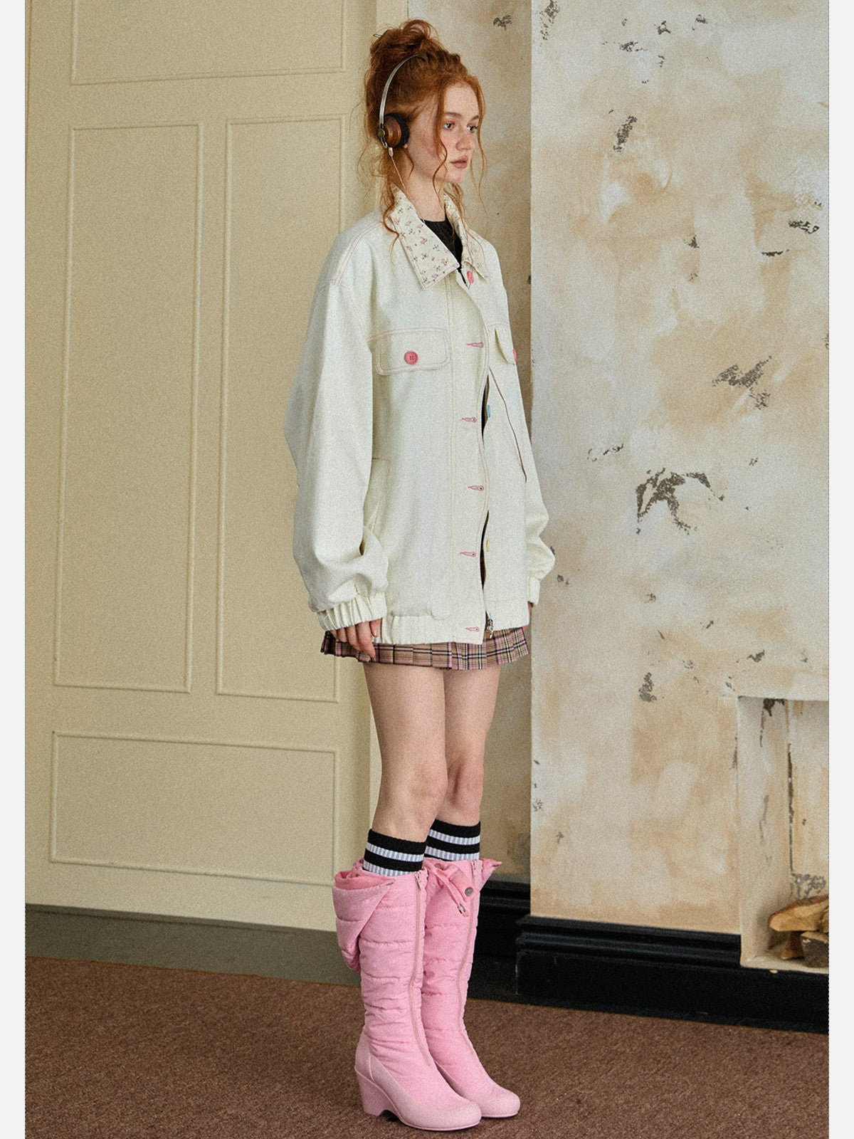 EZEK - Retro Floral Collar Oversized Denim Jacket
