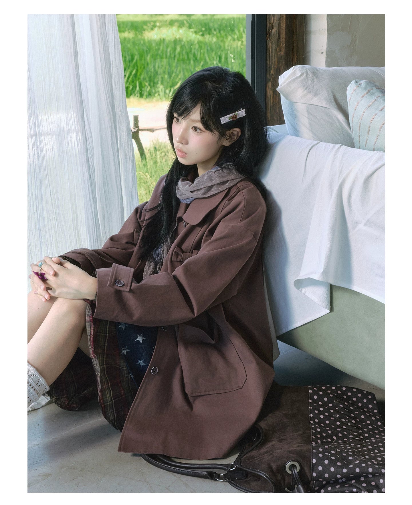 "Sage Whisper" Layered Trench Collection (Round Collar Coat / Knit Top / Polka Dot Cami / Plaid Skirt)