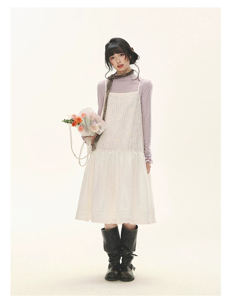 "Ivory Blossoms" Apricot Mist Beige Floral Pinafore Midi Dress