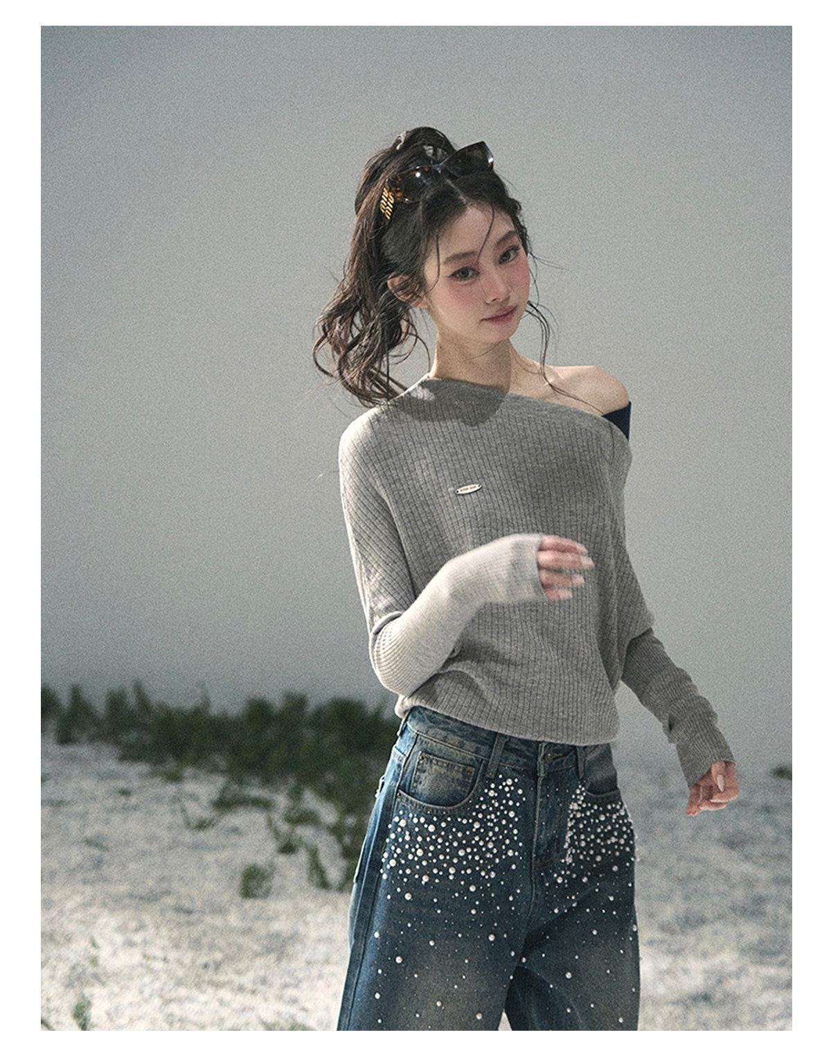 “Ashes of Yesterday” Mist Gray Off-Shoulder Layered Knit Top