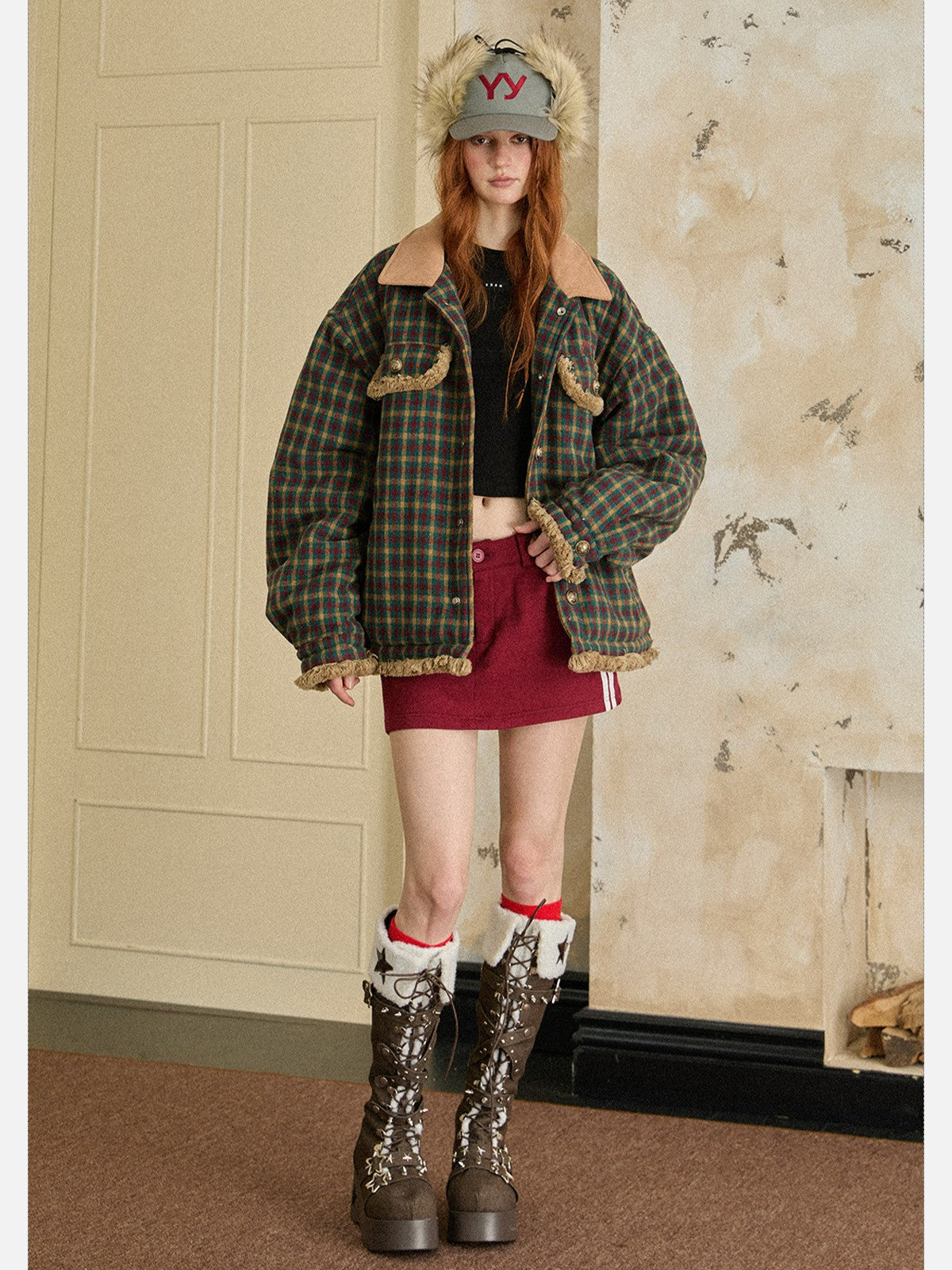 EZEK - Vintage Plaid Varsity Jacket with Contrast Collar