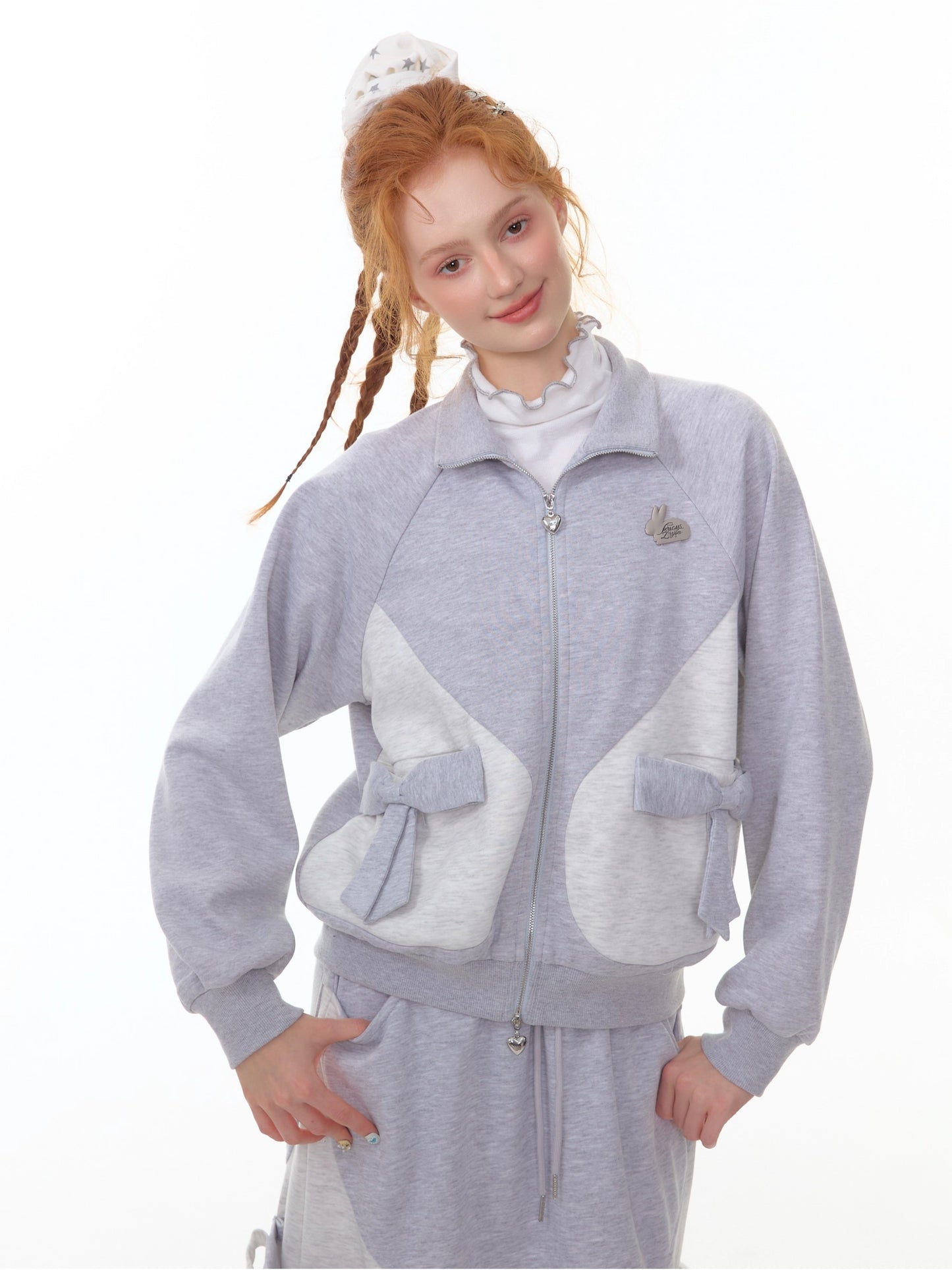 ZiziFei - Light Grey Zip-Up Bow Jacket – Soft Girl Athleisure