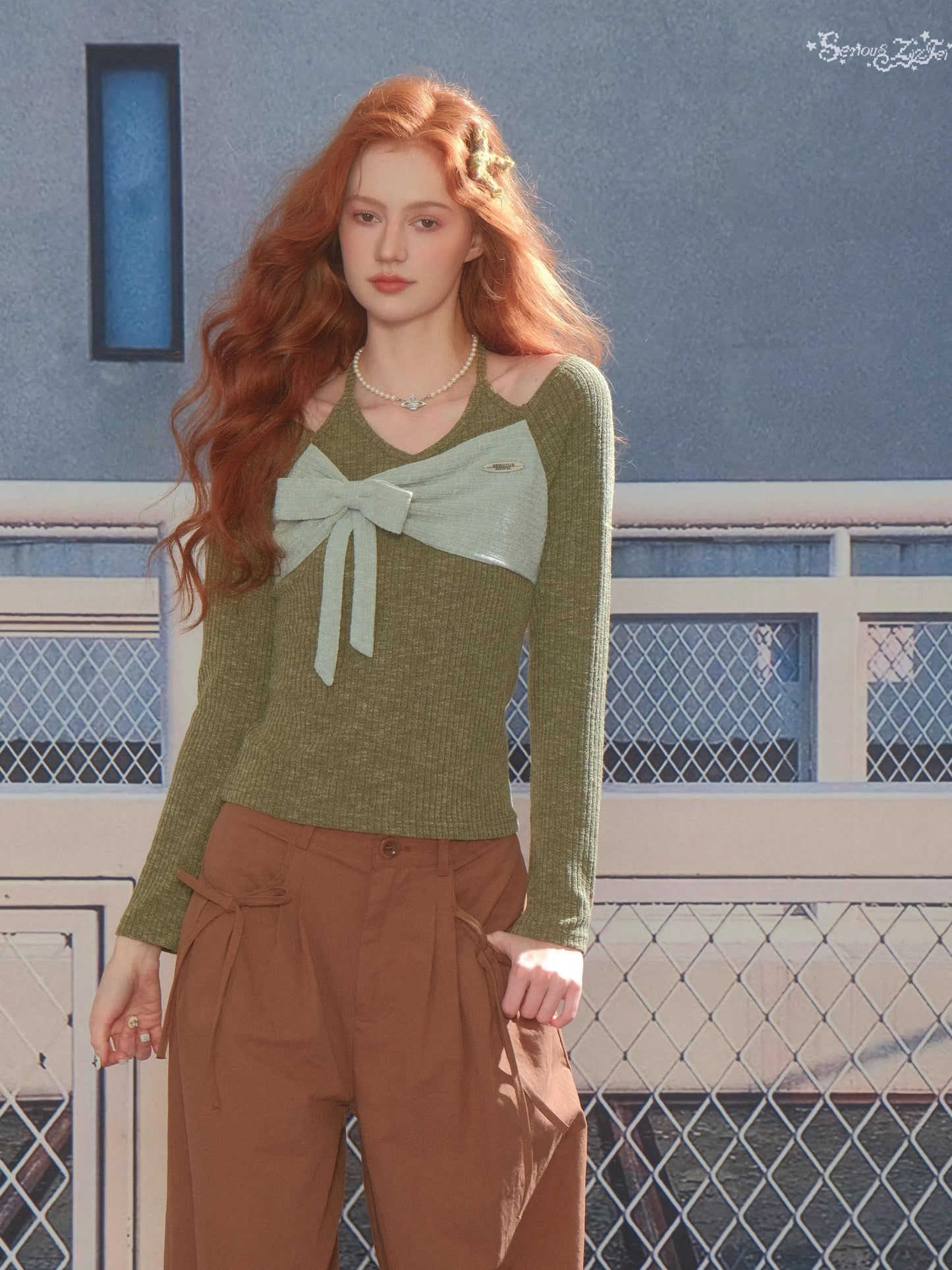 ZiziFei - Halter Ribbed Knit Top with Bow Detail – Green / Blue