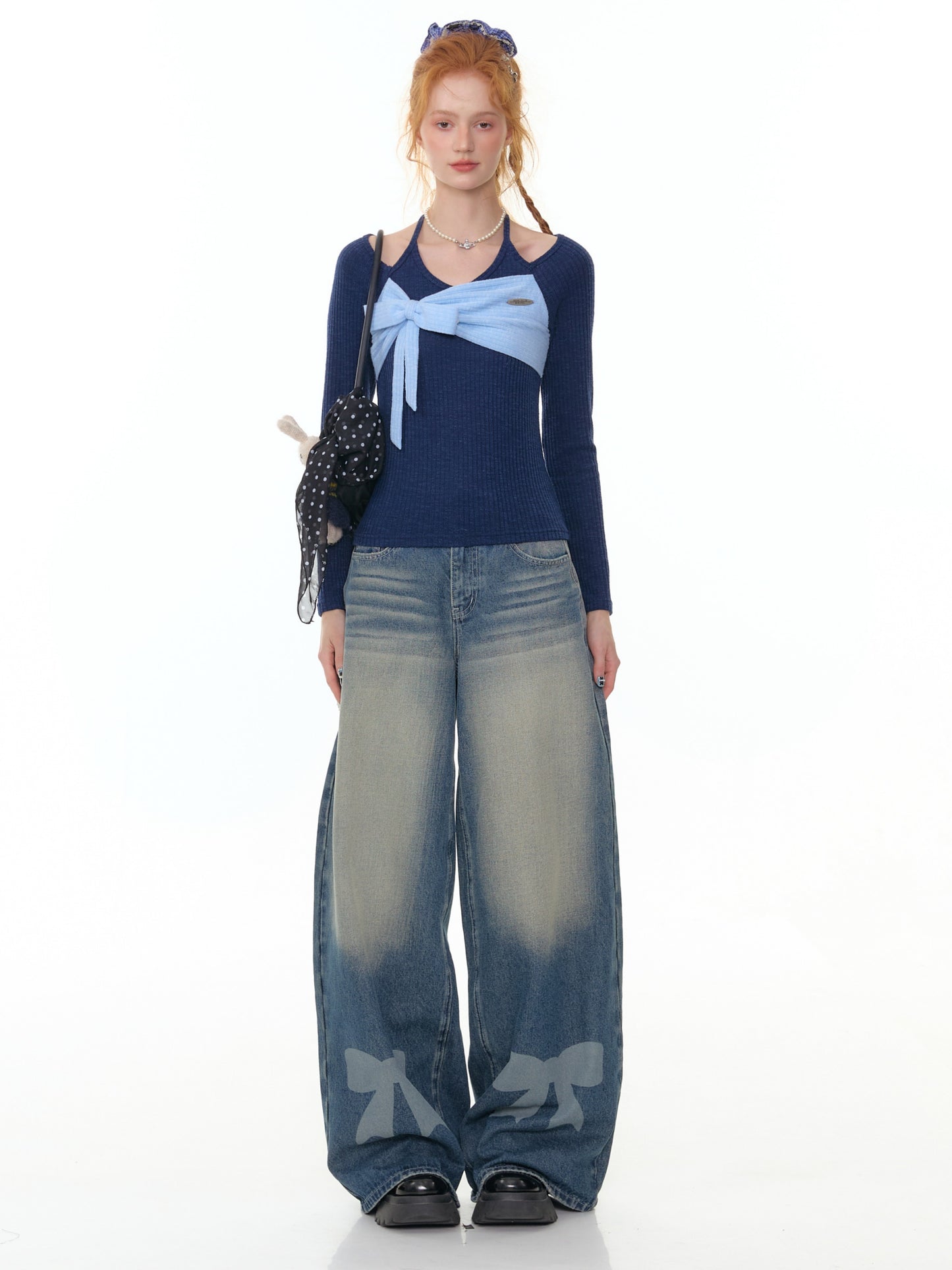 ZiziFei - Bow Embroidered High-Waisted Denim Jeans