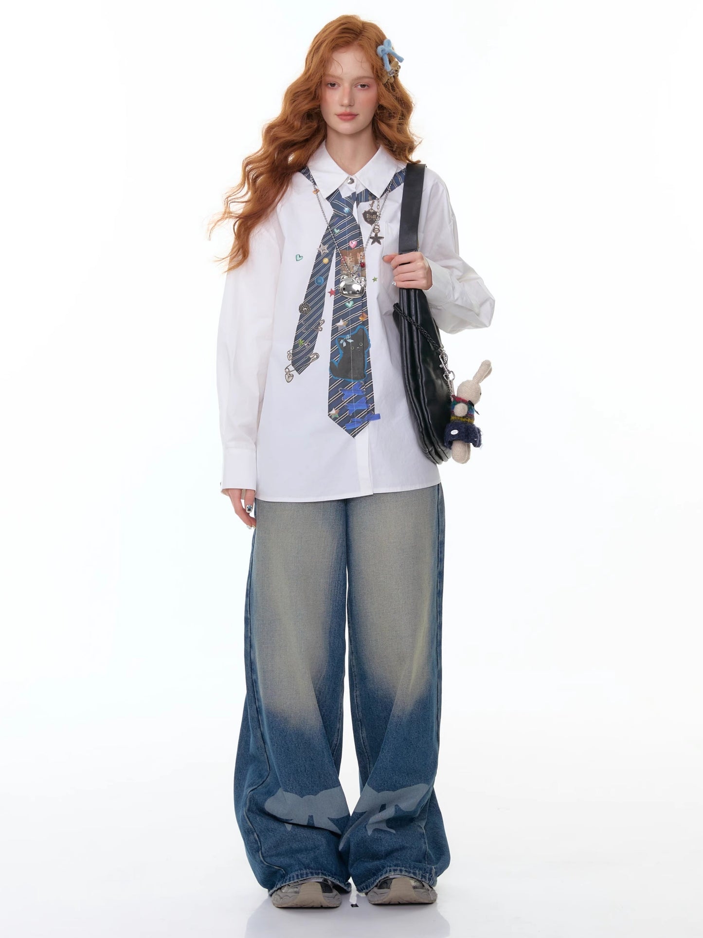 ZiziFei - White Oversized Shirt with Printed Tie Detail