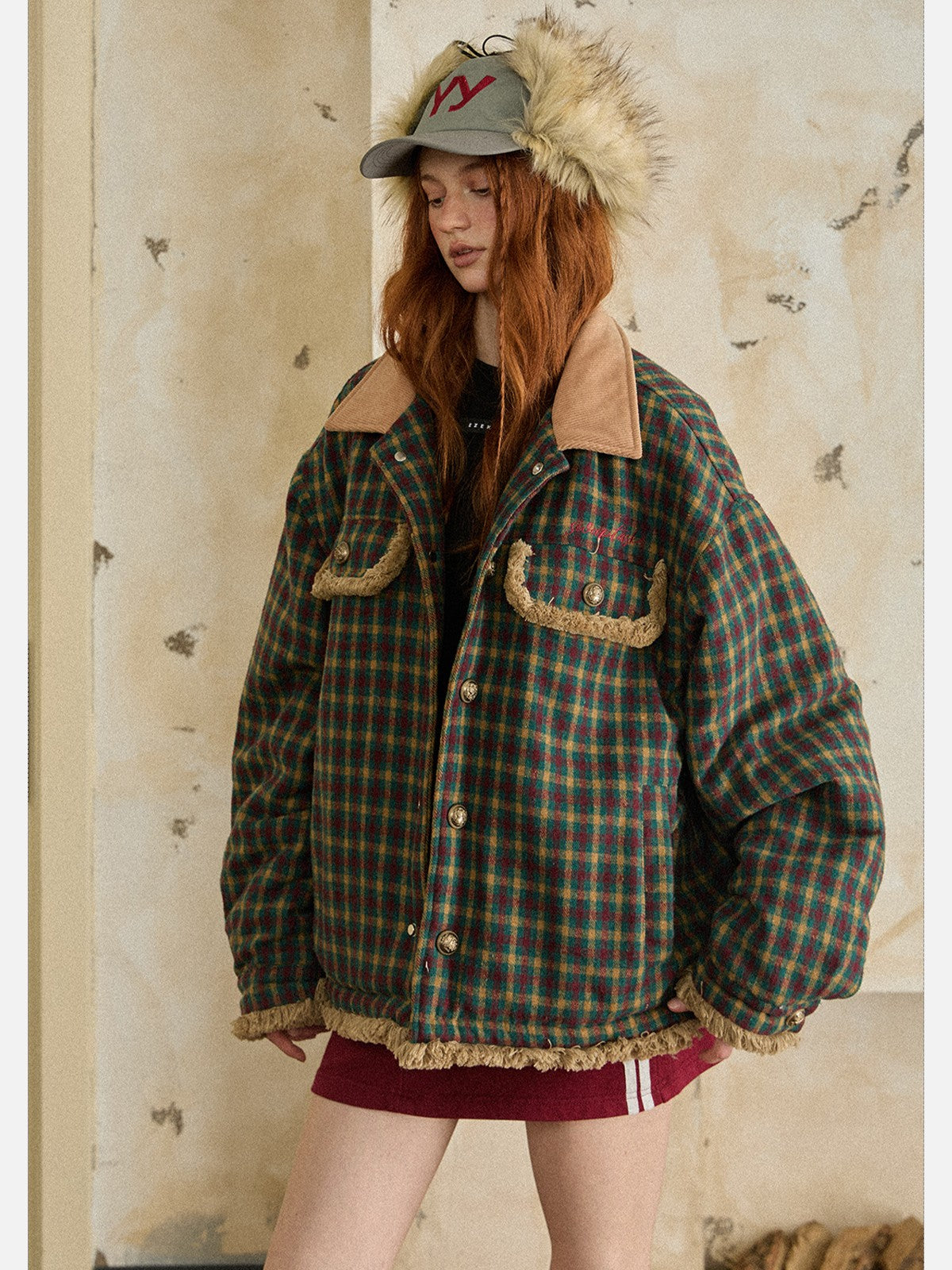 EZEK - Vintage Plaid Varsity Jacket with Contrast Collar