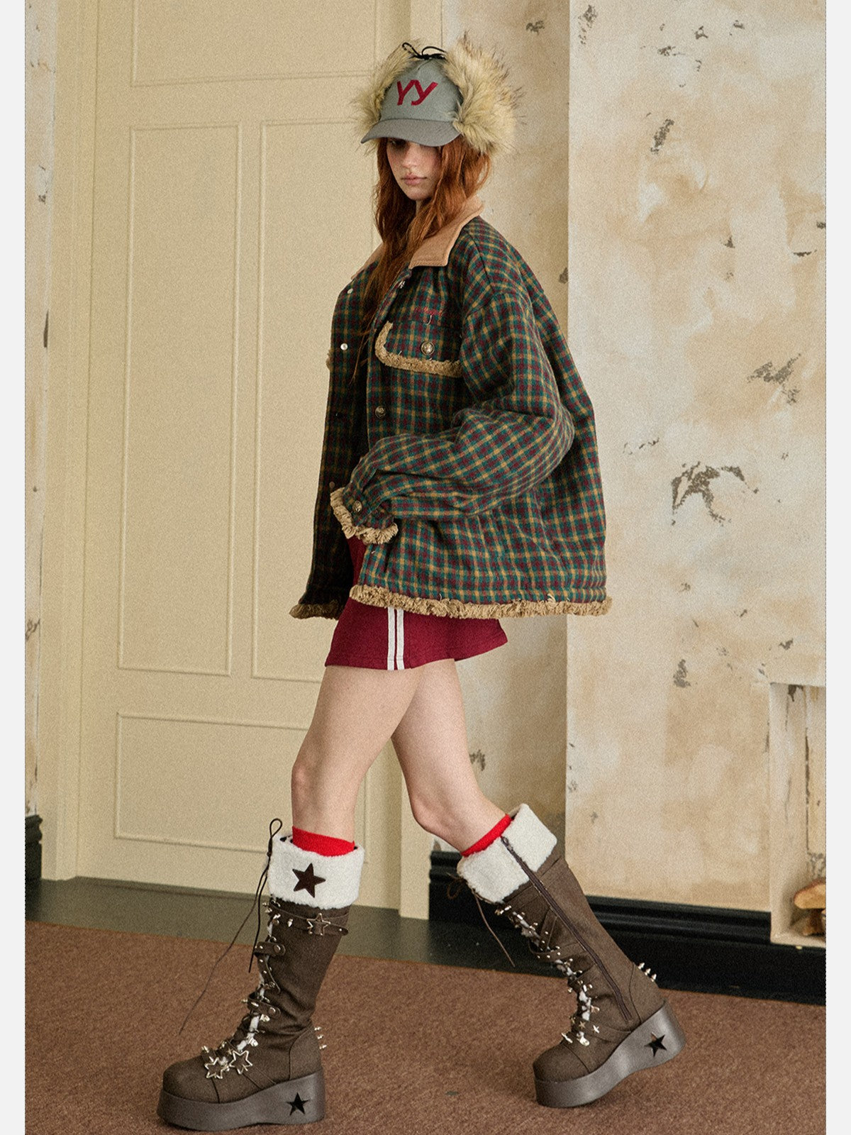 EZEK - Vintage Plaid Varsity Jacket with Contrast Collar