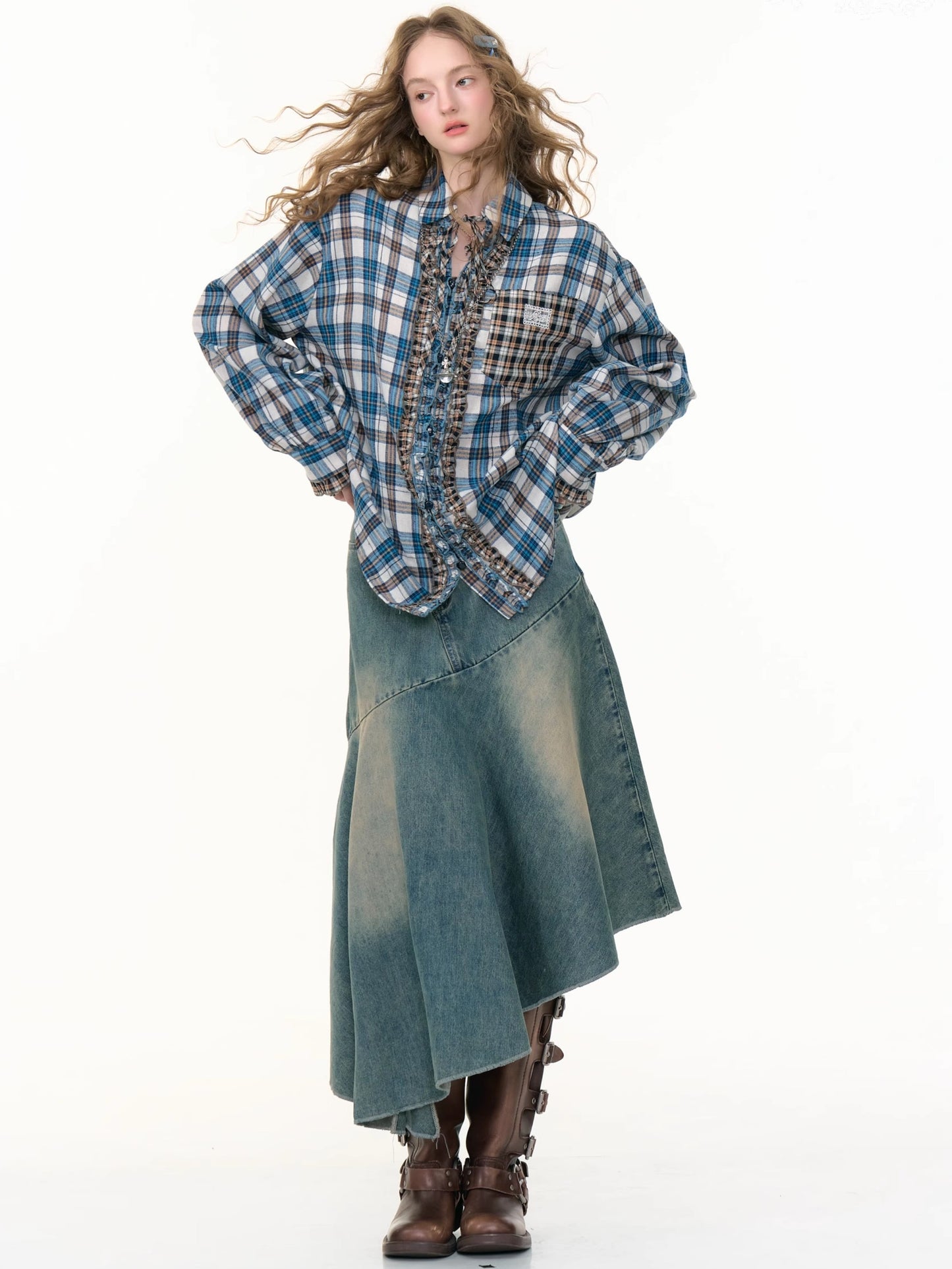 ZiziFei - Asymmetrical High-Waist Denim Skirt
