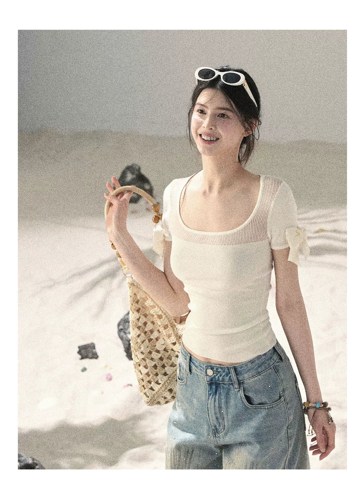 "Gentle Ocean Tide" Dutch Cream Cutout Knit Crop Top 75511