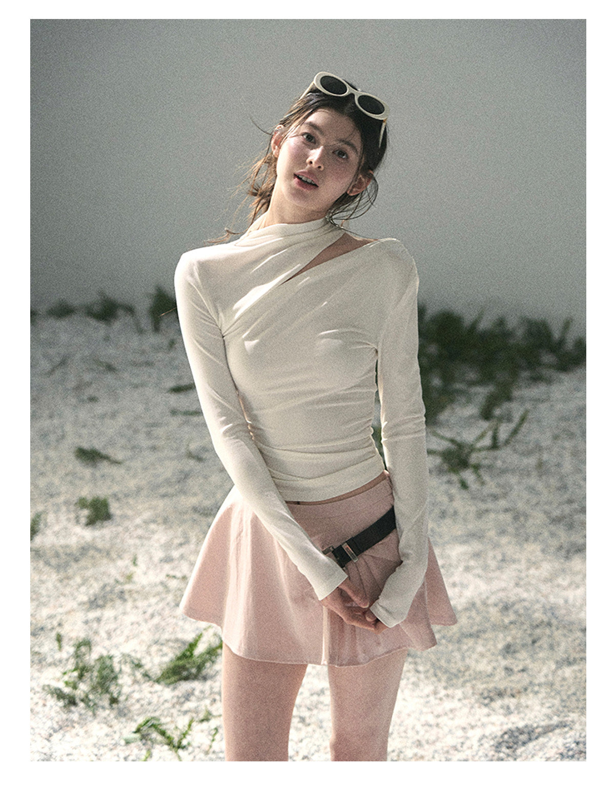 “Tidal Breath” Pearl White Draped Cutout Top
