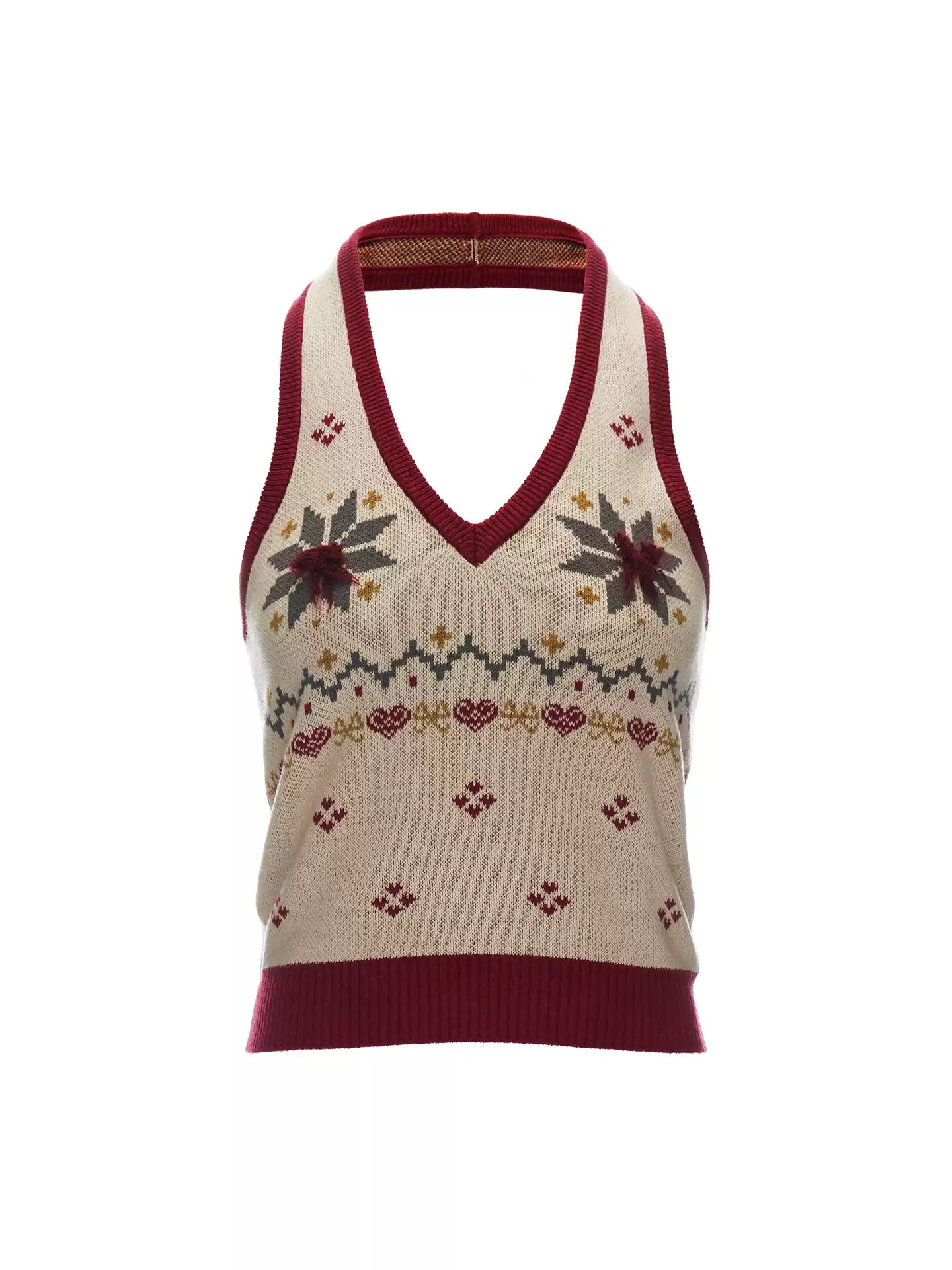 MAMC - Soft Beige Fair Isle Halter V-Neck Knit Vest WE872