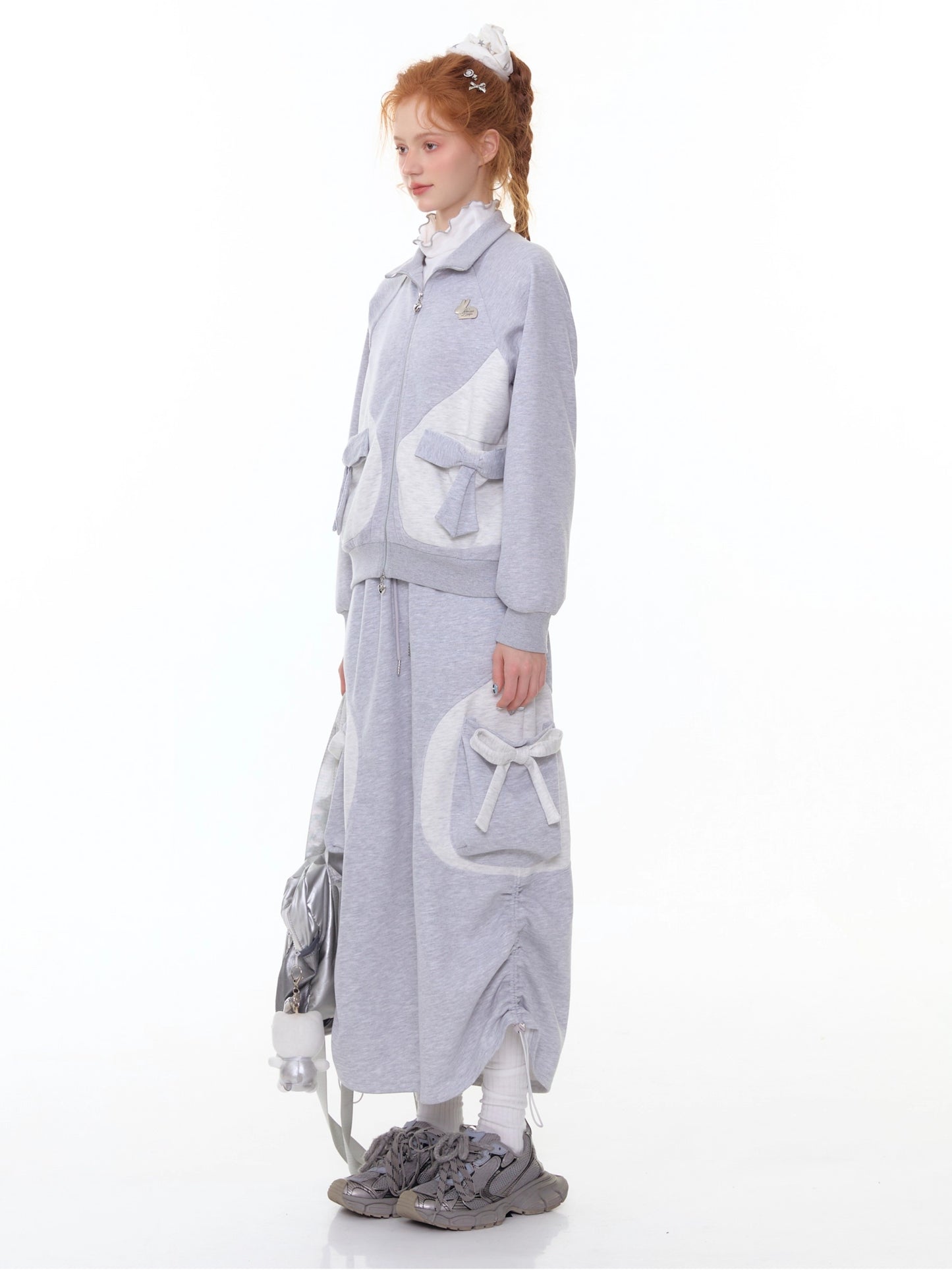ZiziFei - Adjustable Drawstring Hem Midi Skirt – Light Grey with Bow Detail