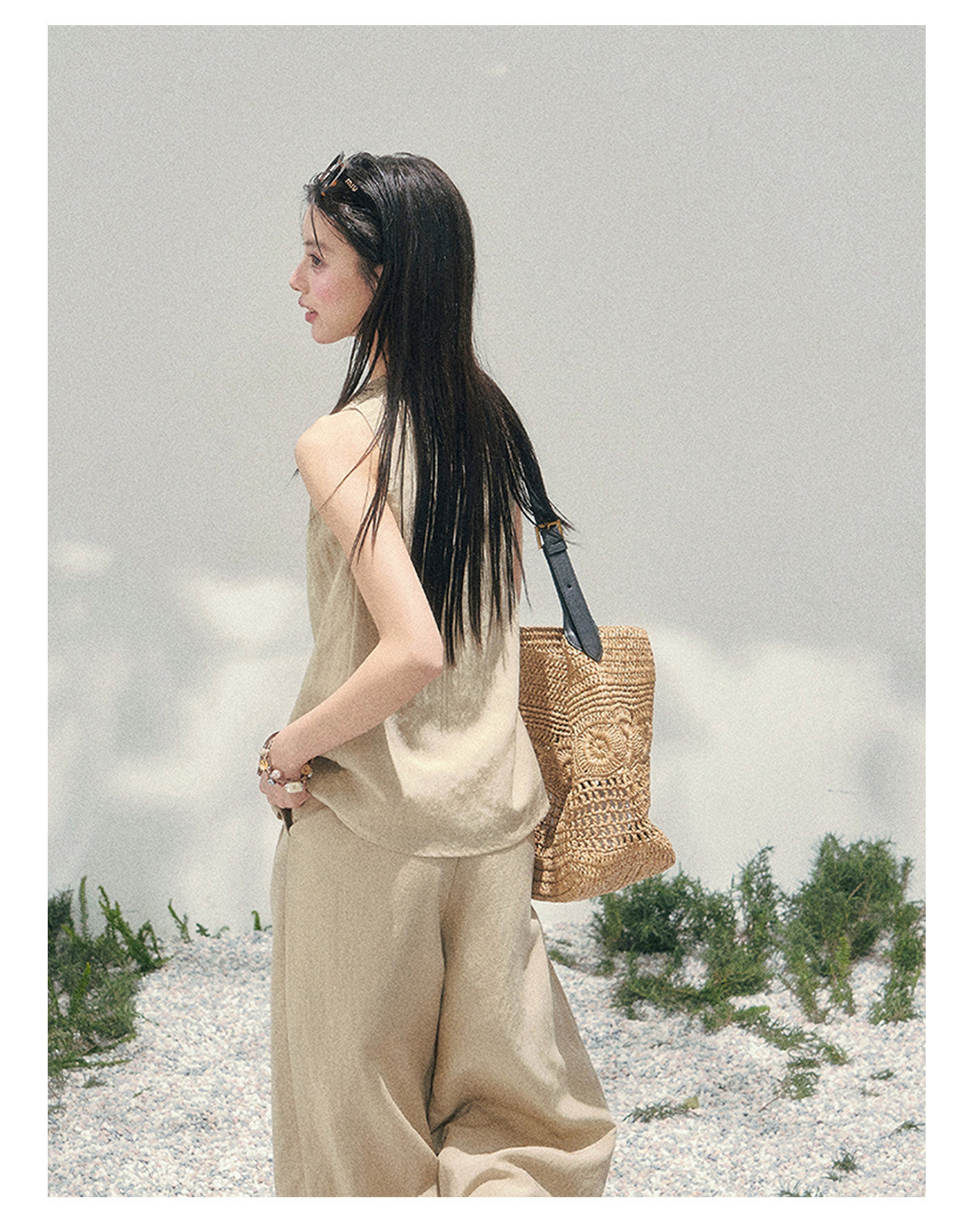 “Soft Khaki Whisper” Milk Tea Halter Twist Top & Wide-Leg Trousers