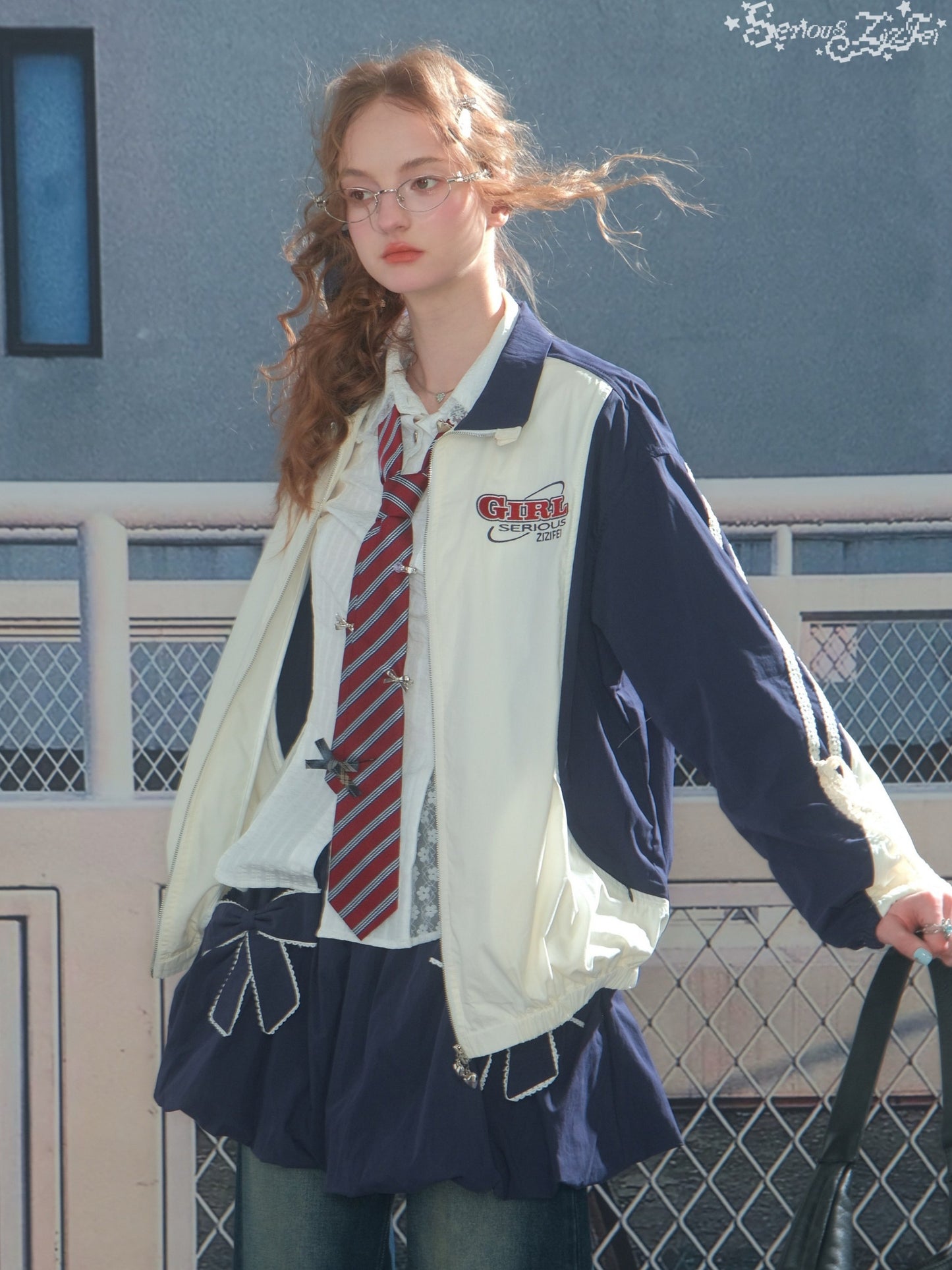 ZiziFei - Retro Zip-Up Jacket with Lace & Drawstring Details