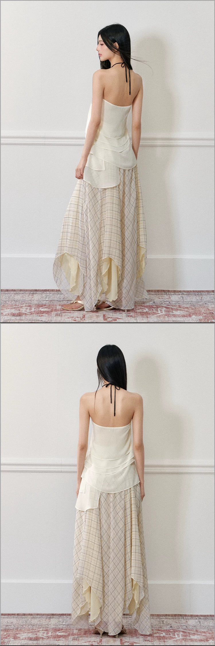 "Rose by the Sea" Rose Halter Top & Asymmetrical Plaid Maxi Skirt Set