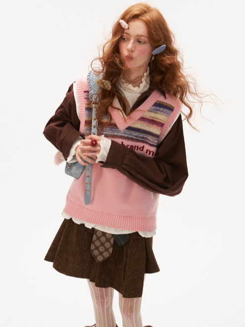 MAMC - Frill Glitch Striped Knit Vest – Red/ Coral Pink