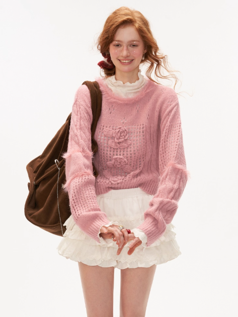 MAMC - 3D Rose Faux Fur Collar Knit Sweater