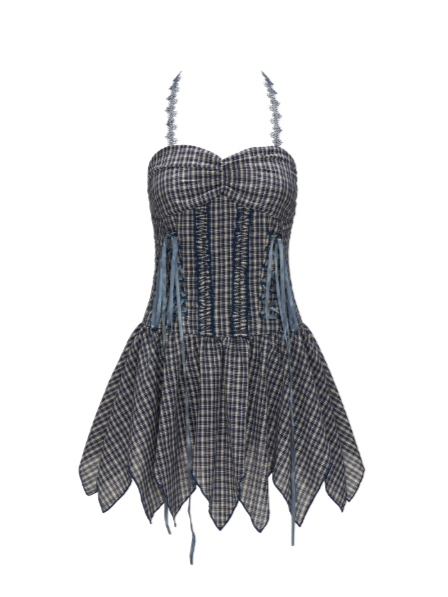 MAMC - Asymmetrical Blue Plaid Lace-Up Dress