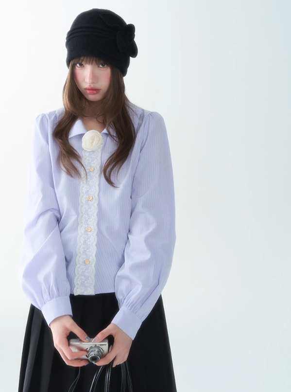罐头士多所 - "Purple Whisper" Autumn Striped Lace Trim Long Sleeve Shirt